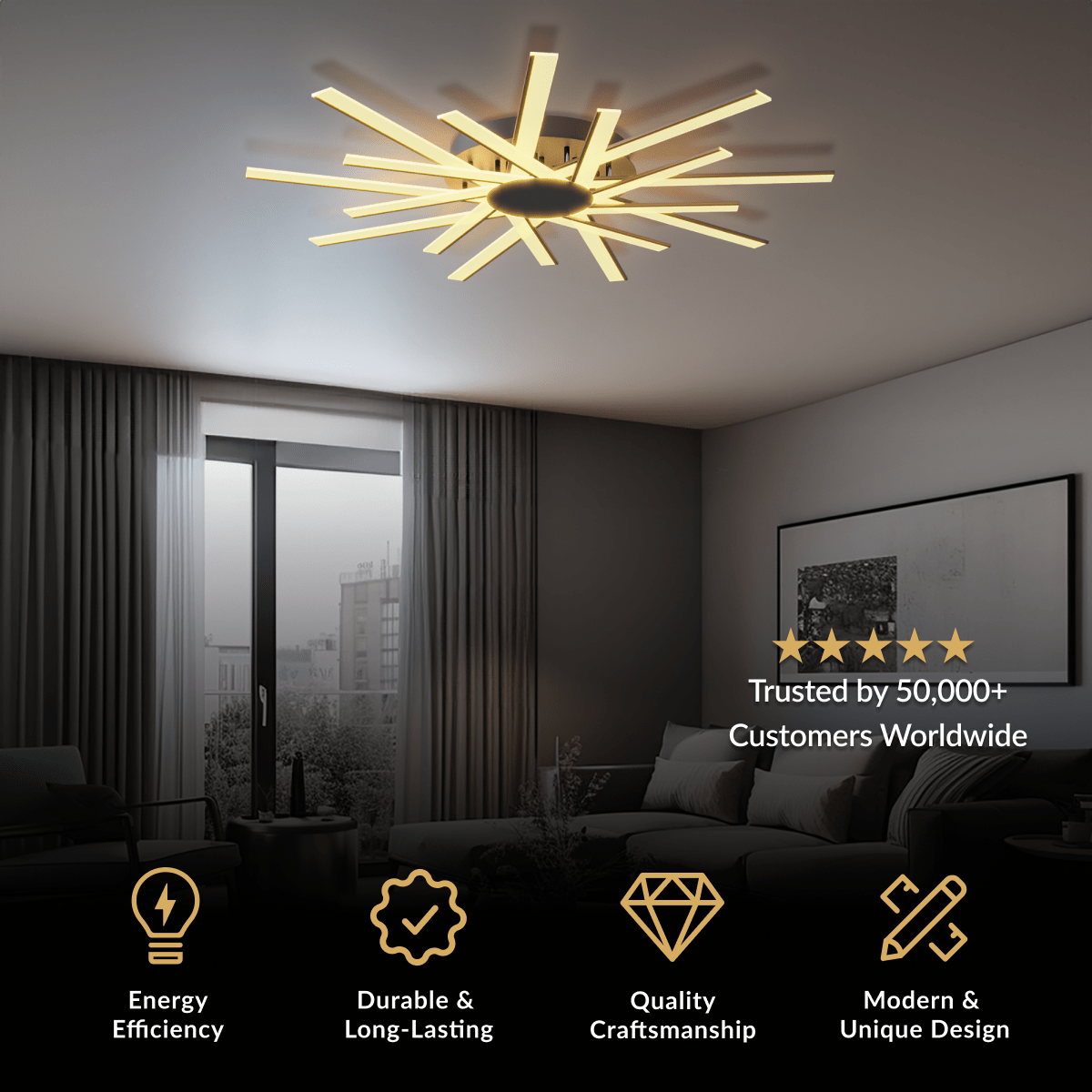 Sparkle ceiling light, gold sunburst of warm LED bars radiating from a black hub, flush-mounted over a living room