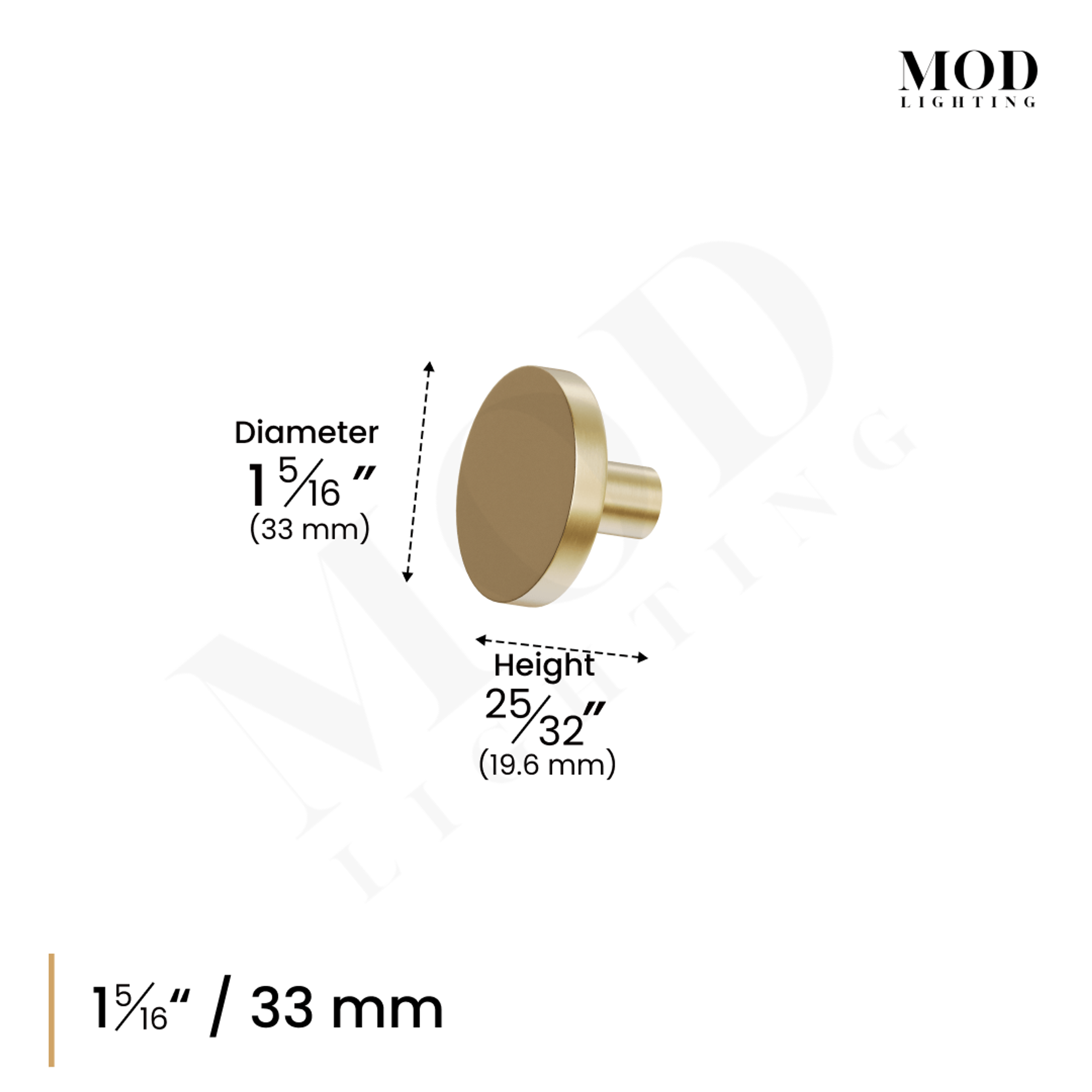 Balmuto brushed-gold flat round cabinet knob dimension diagram: 1 1/8 in (28 mm) diameter, 25/32 in height
