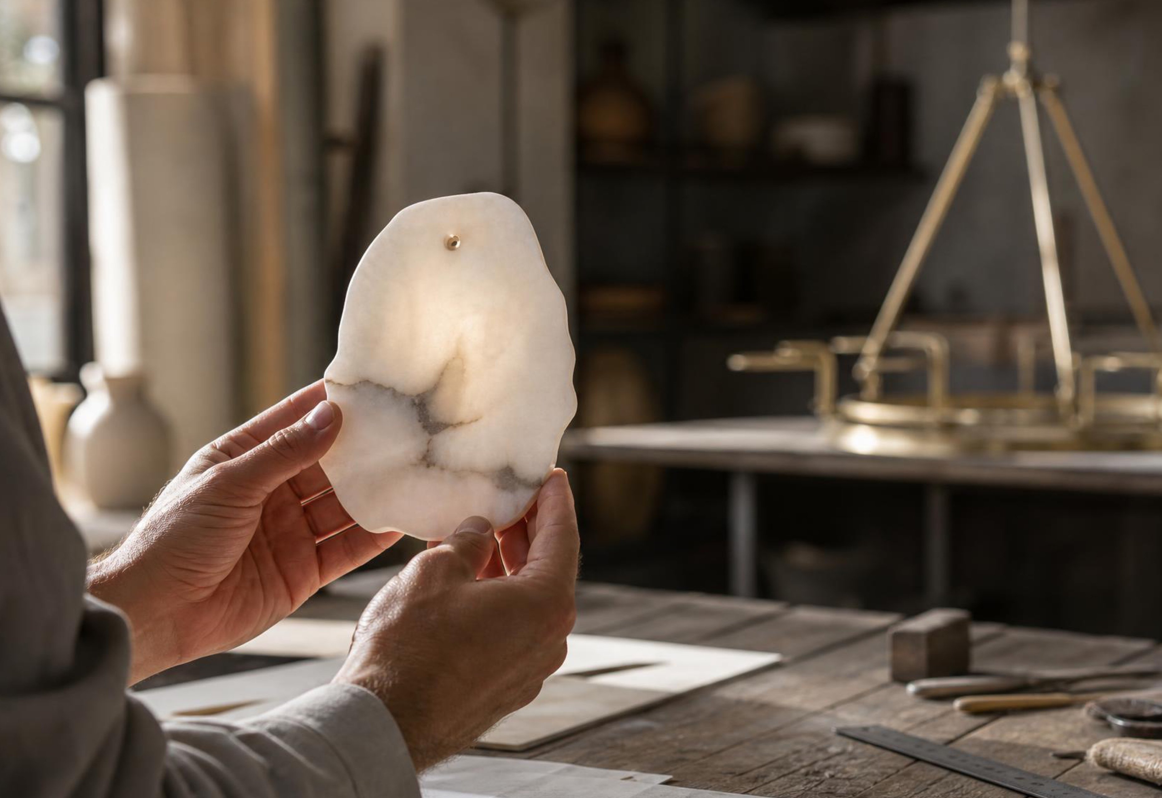 A maker inspecting an alabaster light shade by hand in the MOD LIGHTING workshop