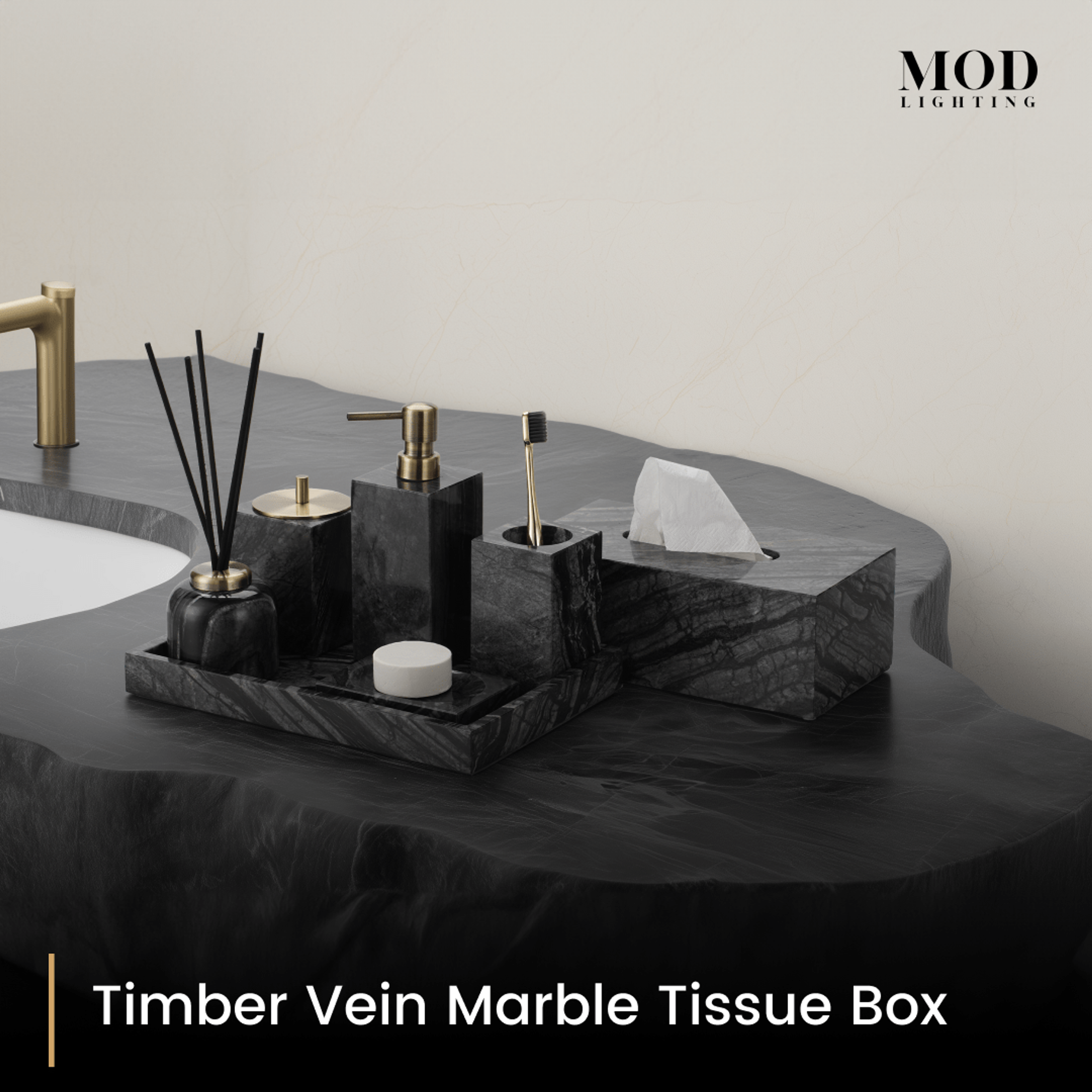 Timber Vein Marble Tissue Box and black veined-marble bath set on a dark vanity with a gold faucet and dual sinks