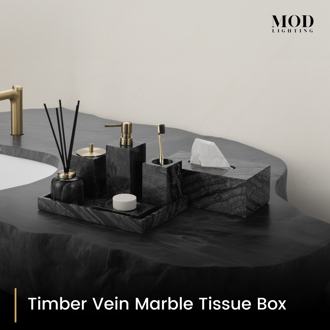 Timber Vein Marble Tissue Box and black veined-marble bath set on a dark vanity with a gold faucet and dual sinks
