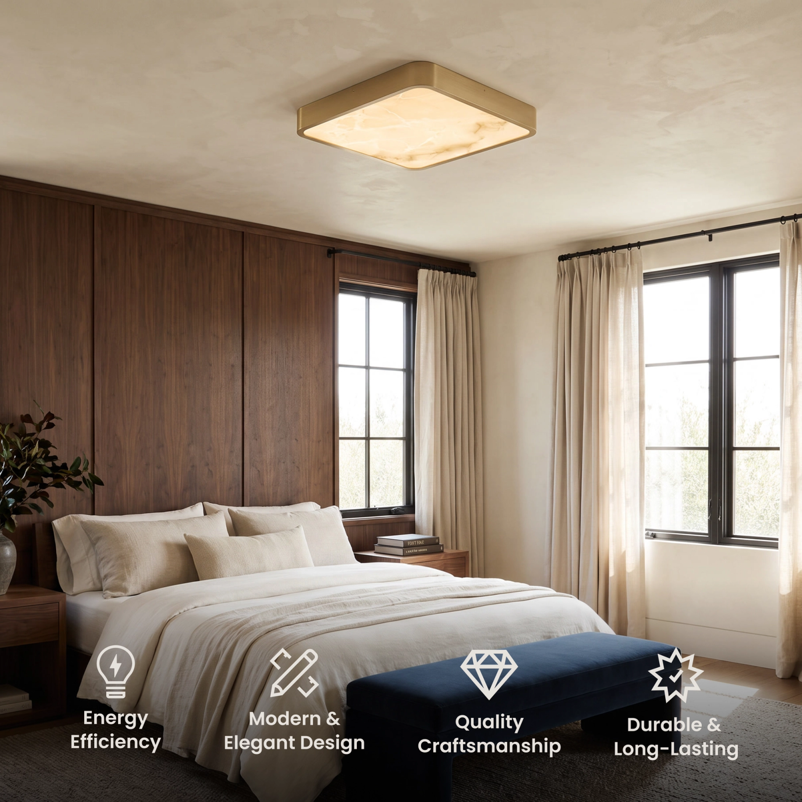 Selene Smart brass and alabaster square ceiling light in a bedroom, with feature icons