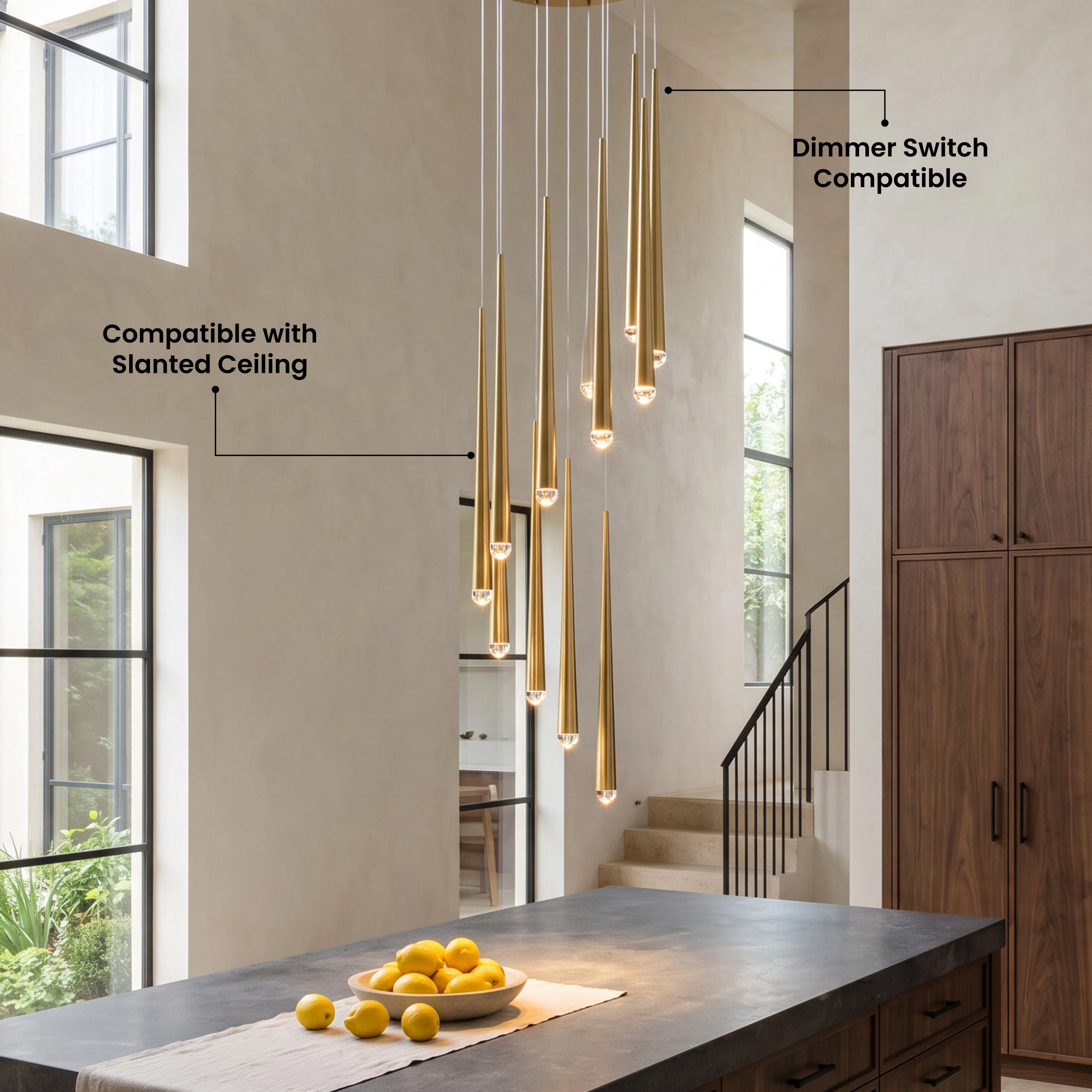 Jasper gold cascading pendants glowing in a dark-paneled corner room with snowy windows, overhead view