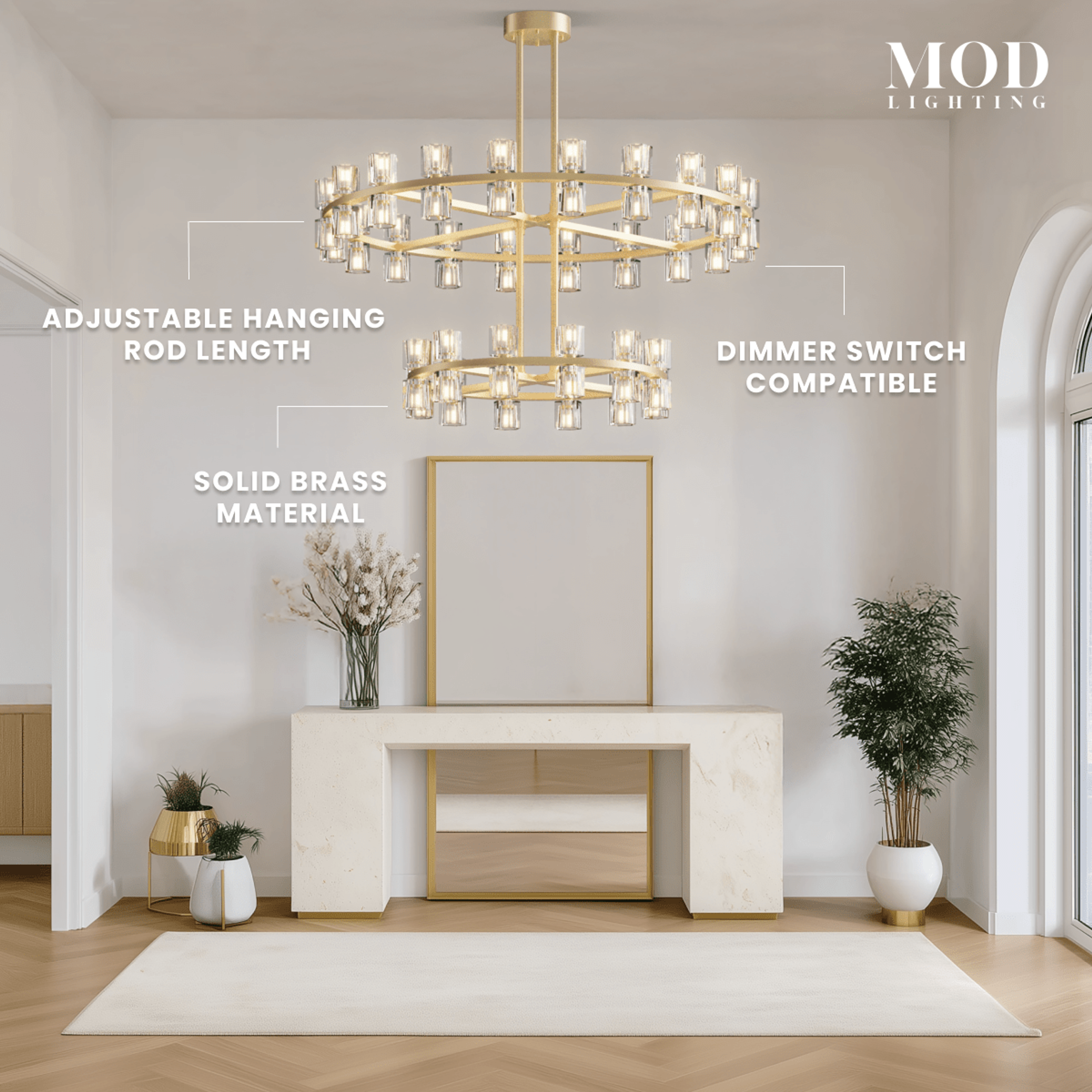 Sunset two-tiered brass ring chandelier with crystal shades, hung over a console in an entryway