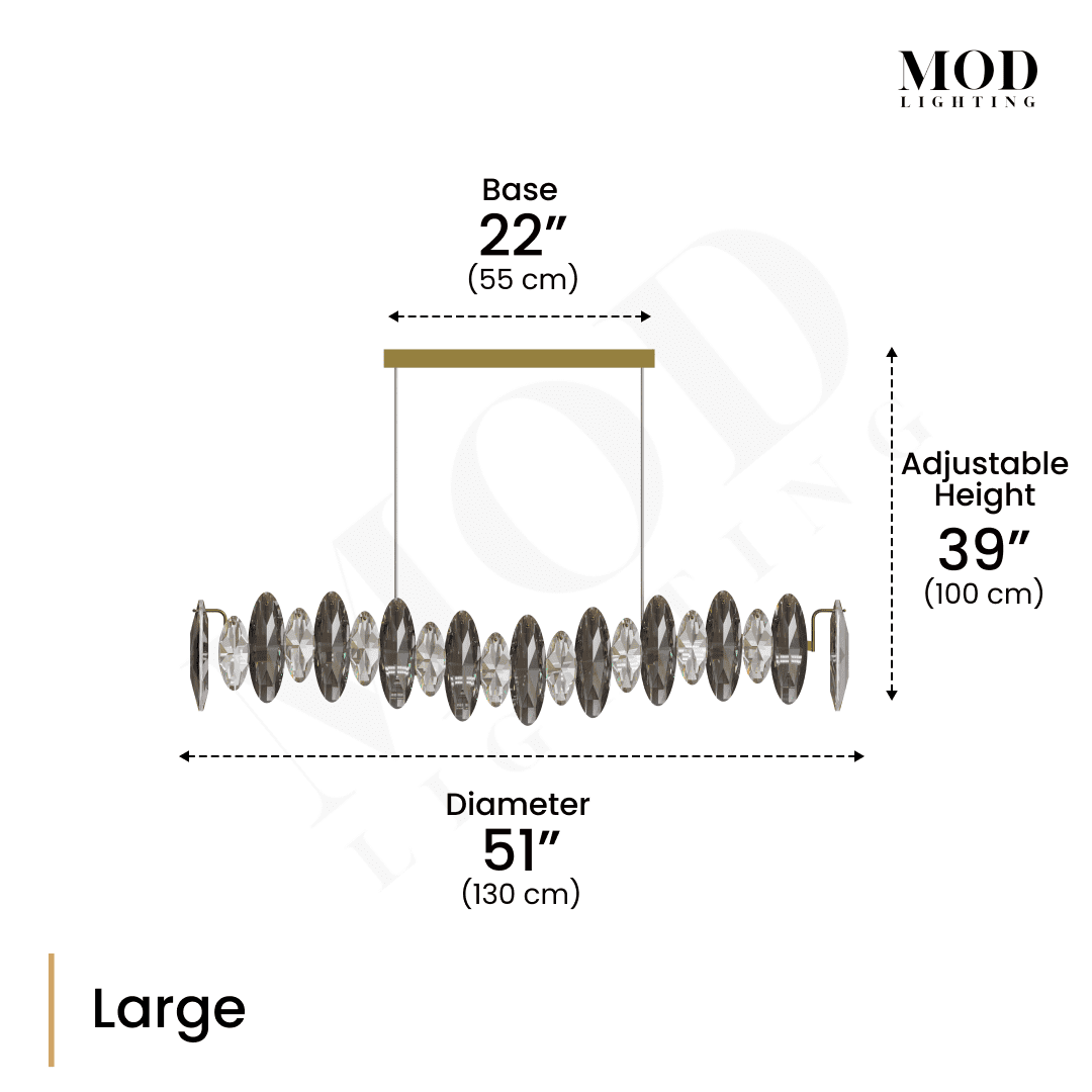 Celestial crystal chandelier dimension diagram, large: 51in diameter, 22in base, 39in height