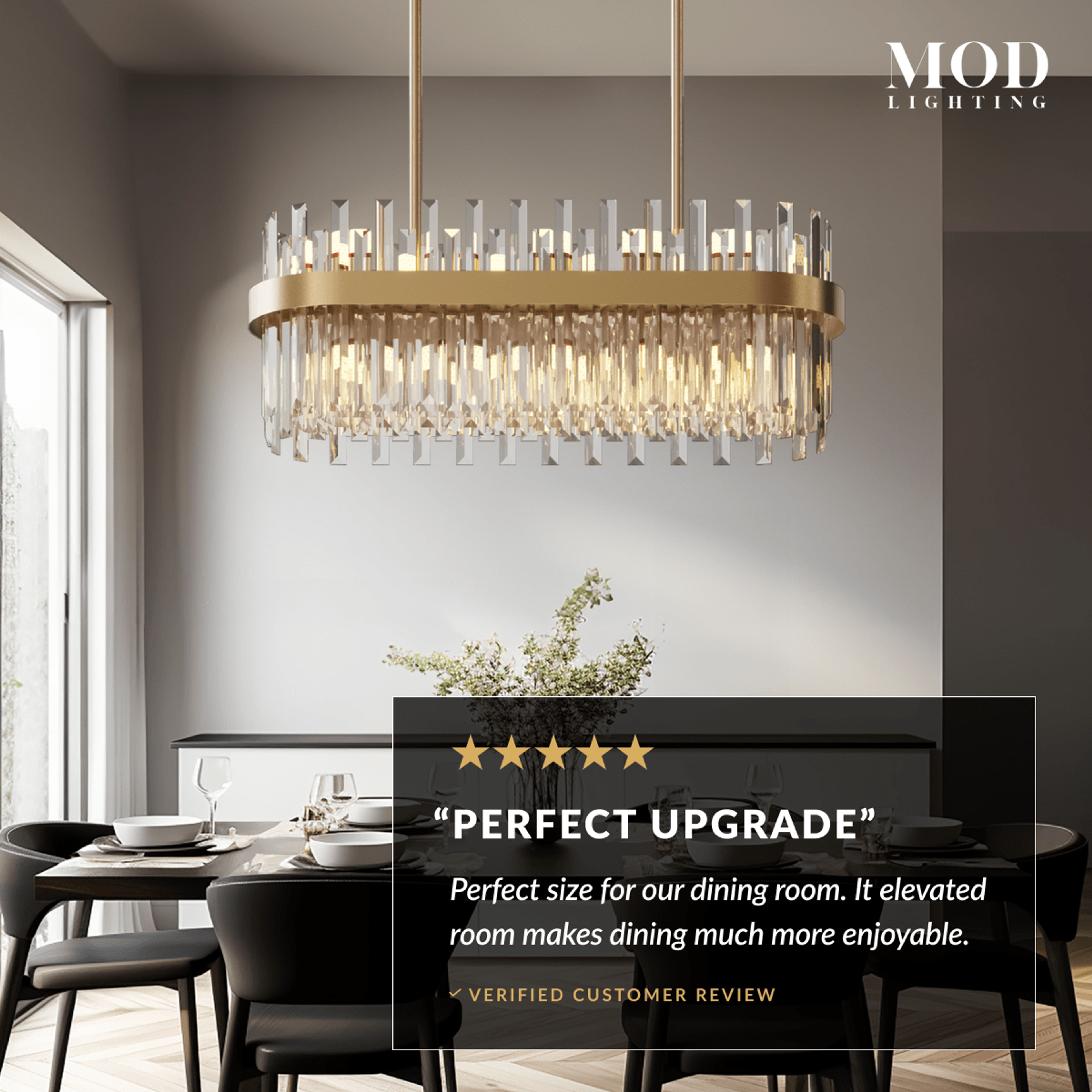 Topaz gold linear crystal bar pendant over a dining table, with a five-star customer review