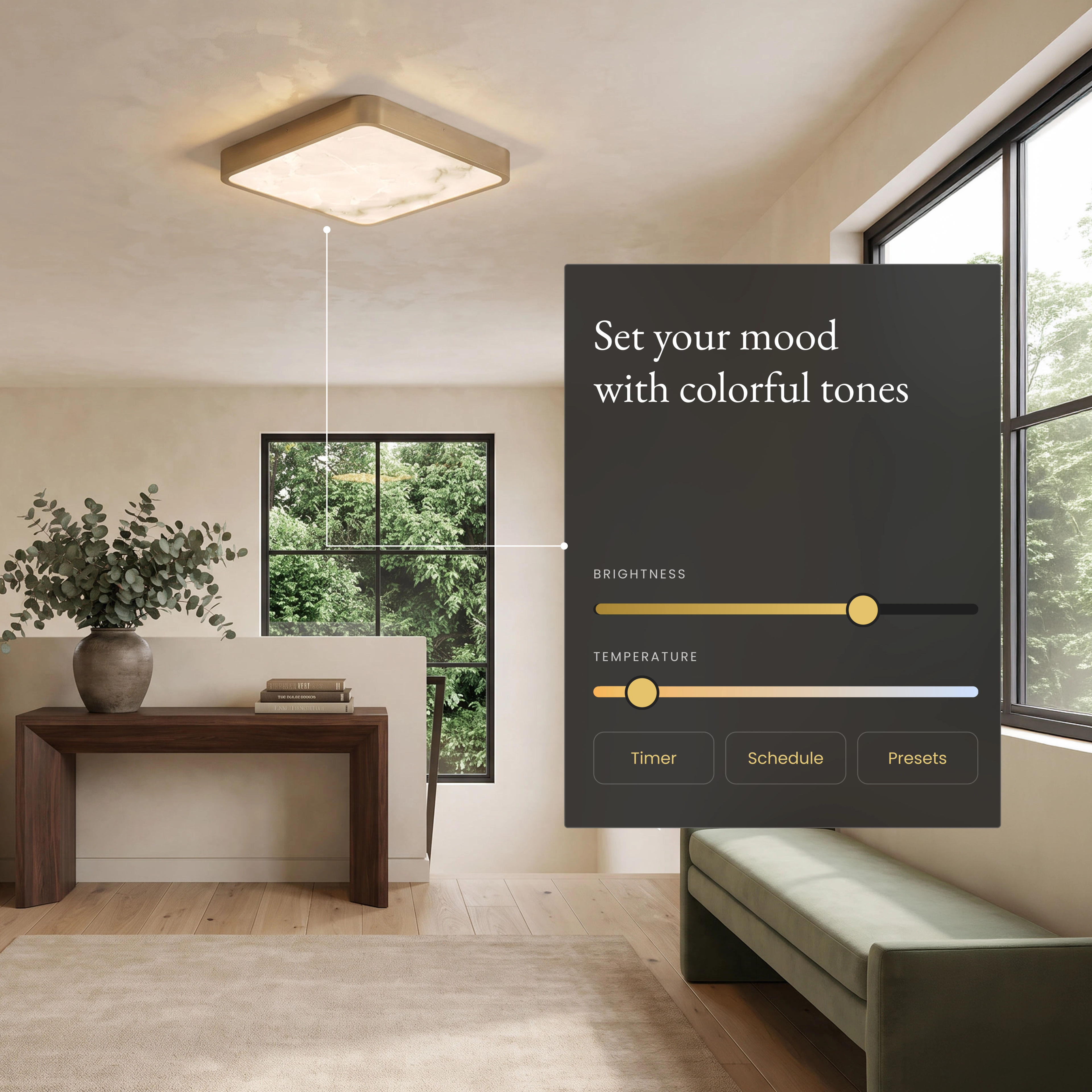 Selene Smart square alabaster ceiling light in a hallway beside an app panel for brightness and color temperature