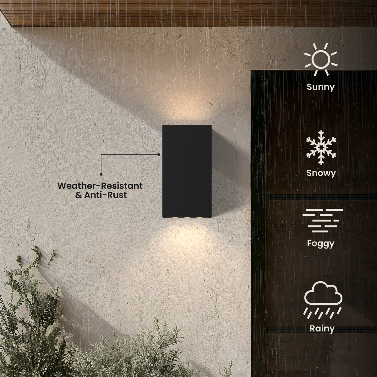 Harlow black rectangular block outdoor sconce on a stucco wall, labeled weather-resistant and anti-rust