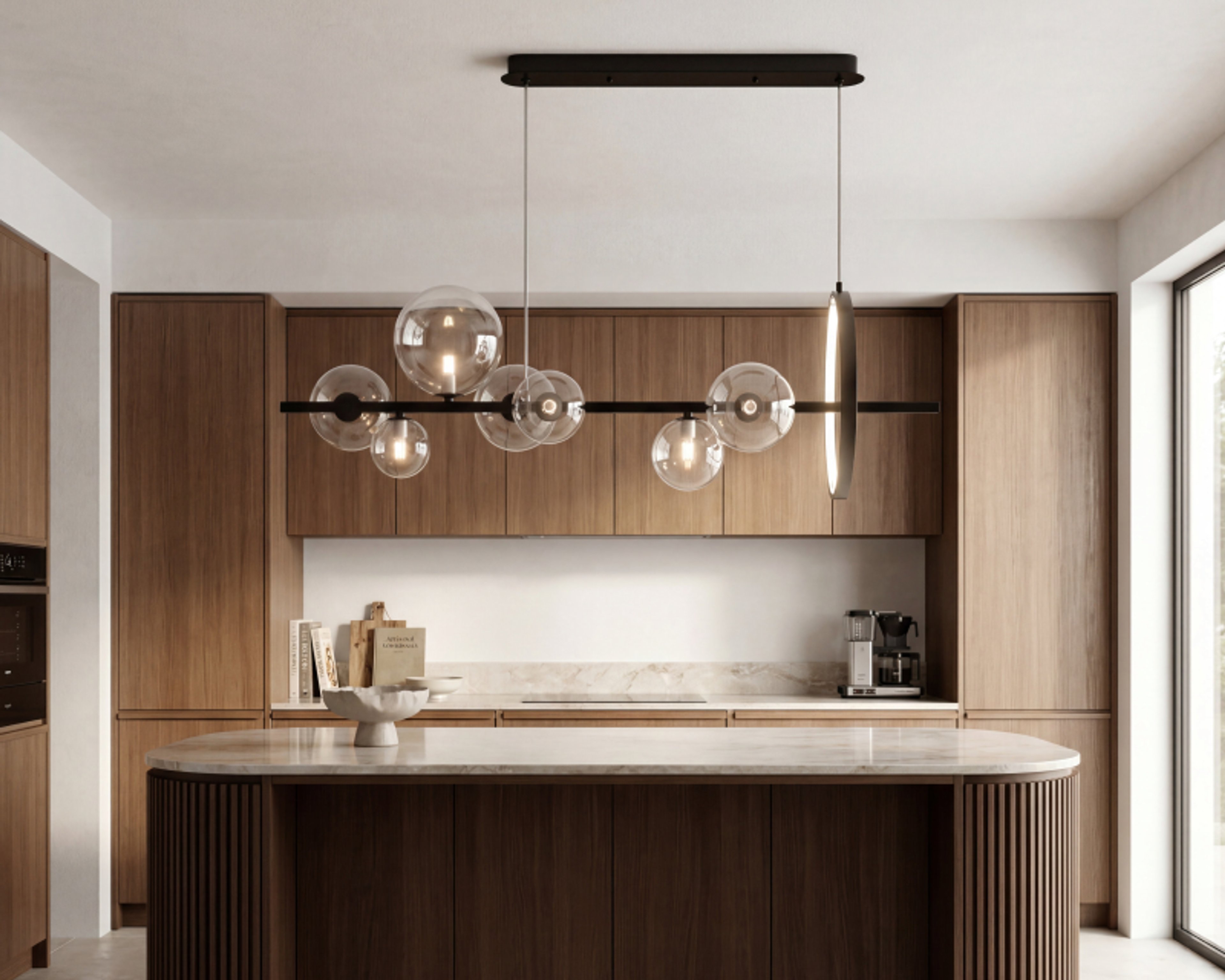 Celestial linear crystal chandelier over a kitchen island