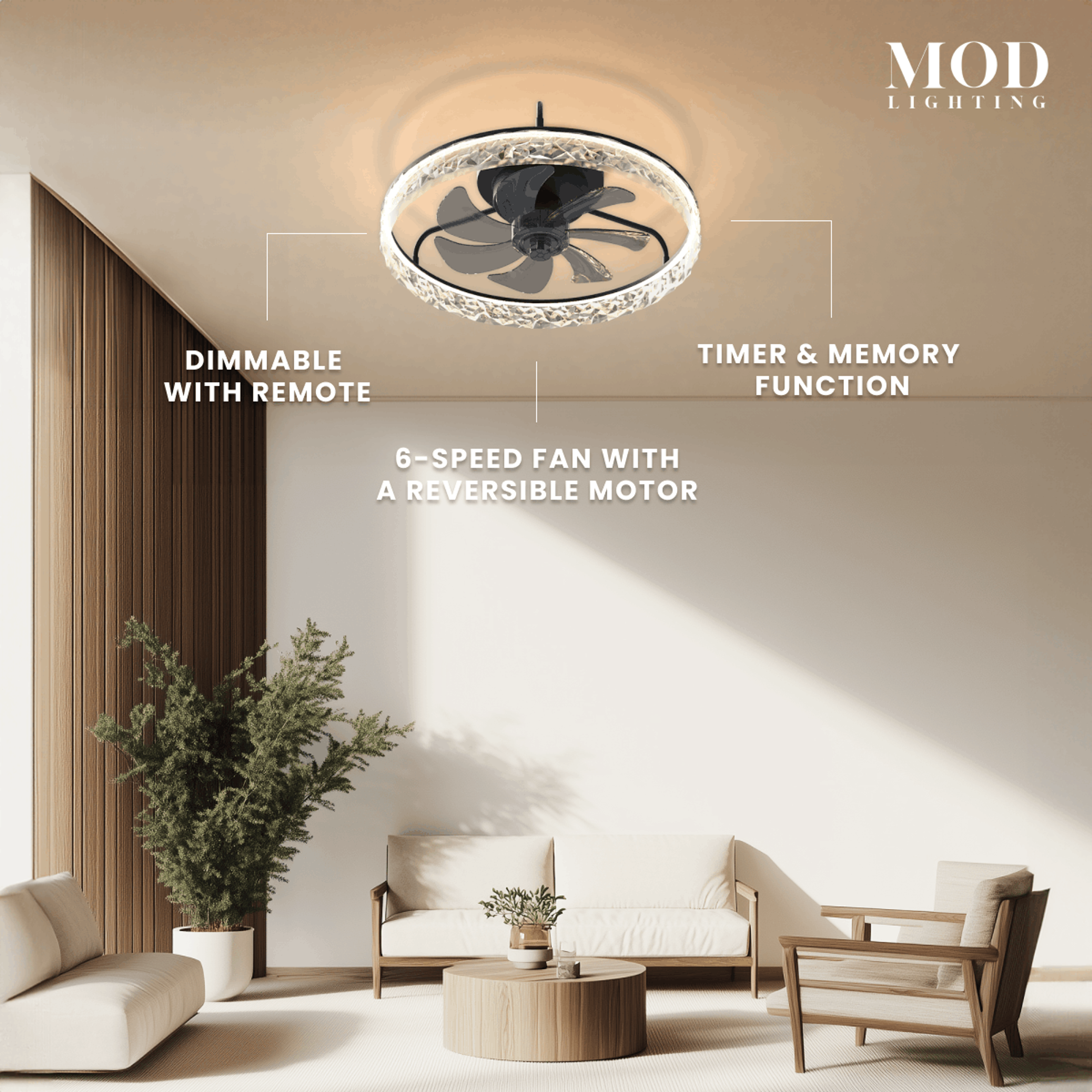 Ventara crystal-ring ceiling fan light, callouts for remote dimming, timer and memory, 6-speed reversible motor