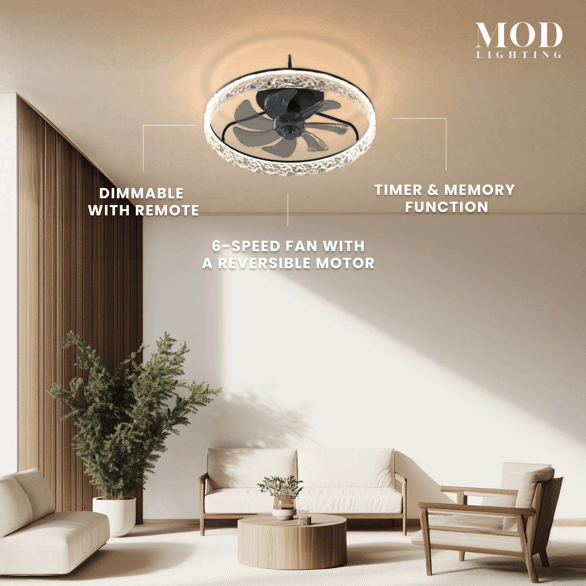 Ventara crystal-ring ceiling fan light, callouts for remote dimming, timer and memory, 6-speed reversible motor