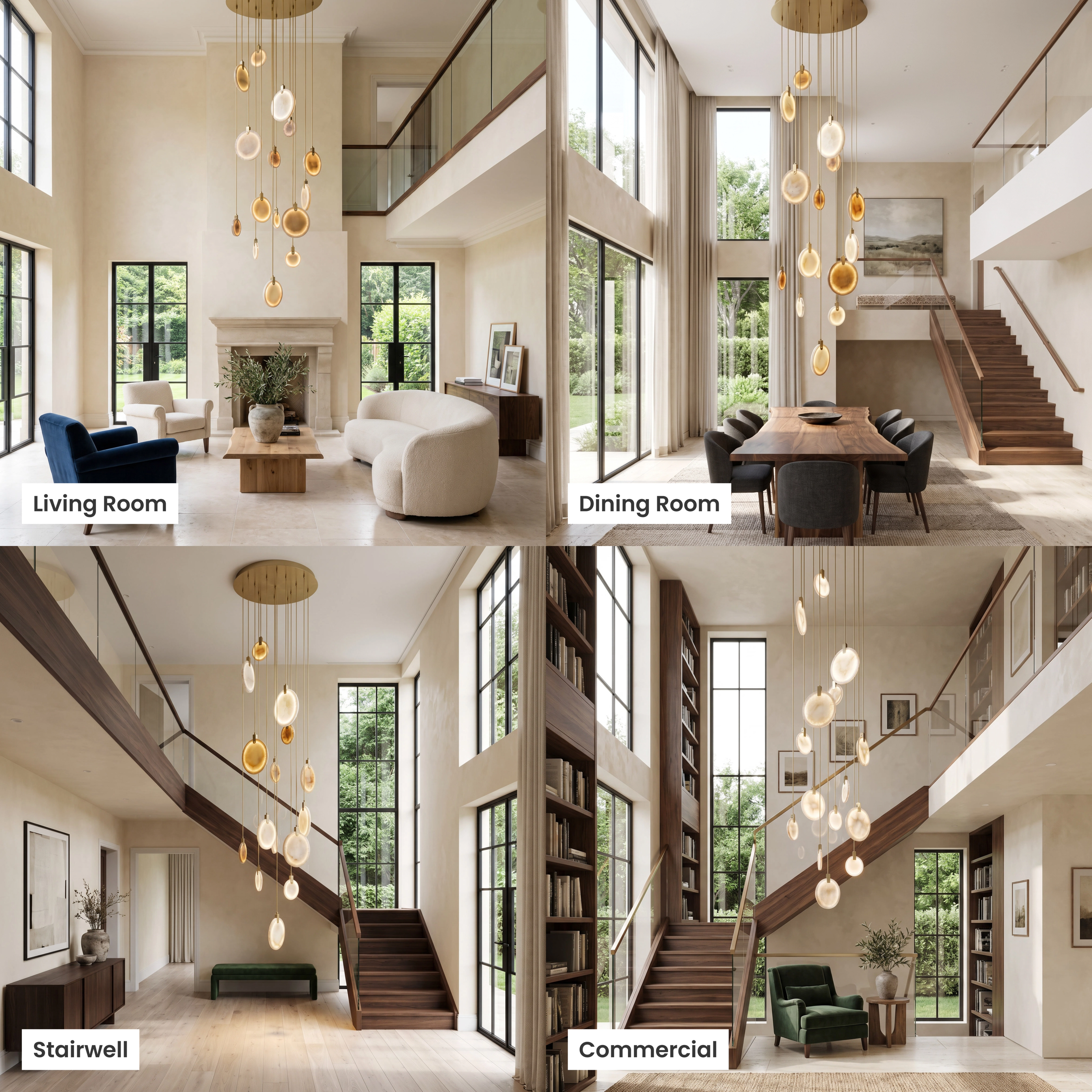 Marble alabaster-disc pendant cluster shown across living room, dining room, foyer and commercial settings