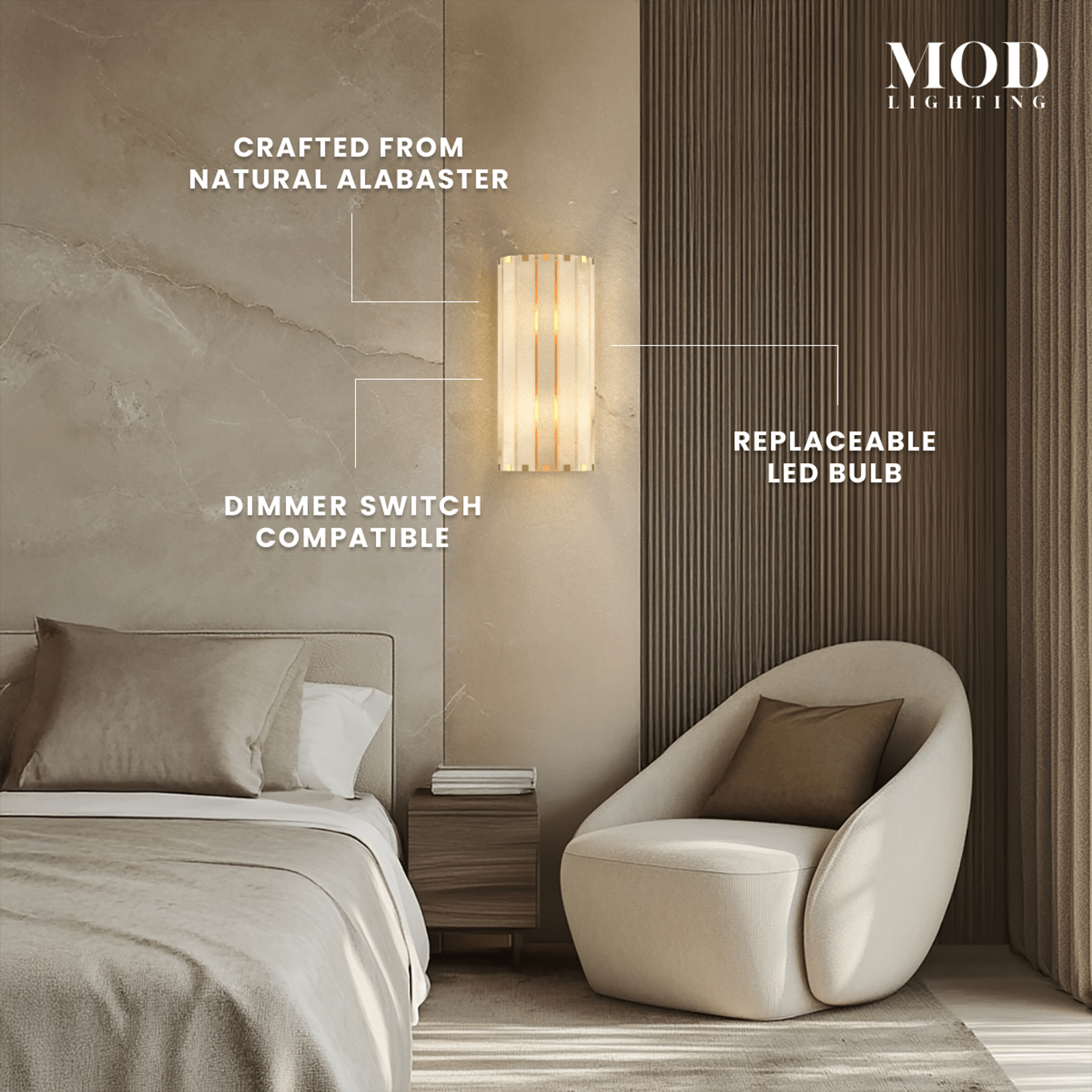 Nala alabaster wall sconce beside a bed, callouts: natural alabaster, dimmer compatible, replaceable LED bulb