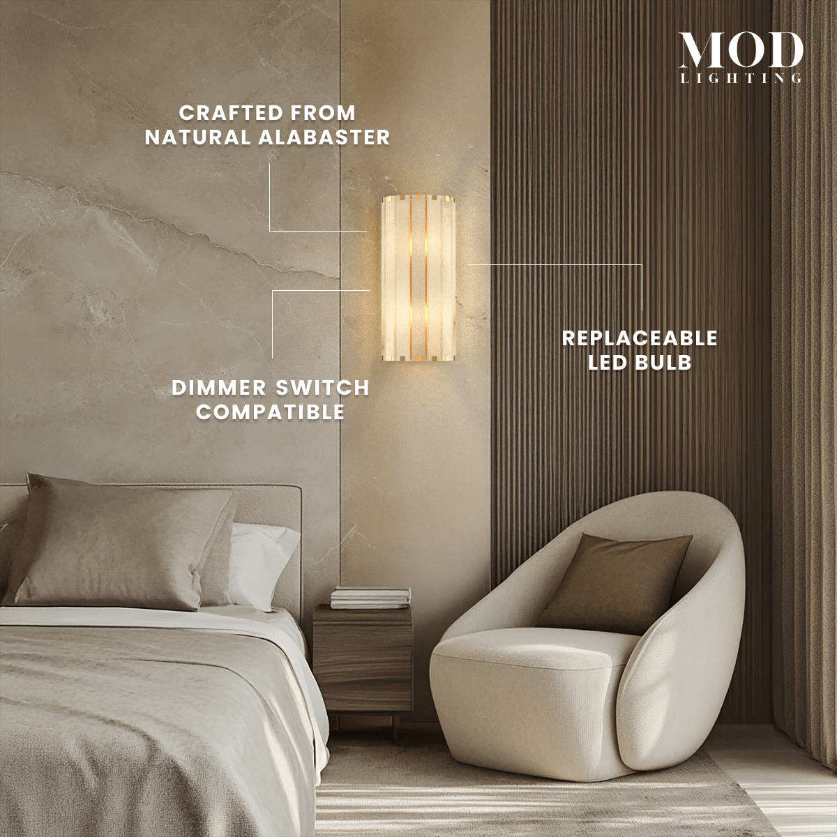 Nala alabaster wall sconce beside a bed, callouts: natural alabaster, dimmer compatible, replaceable LED bulb