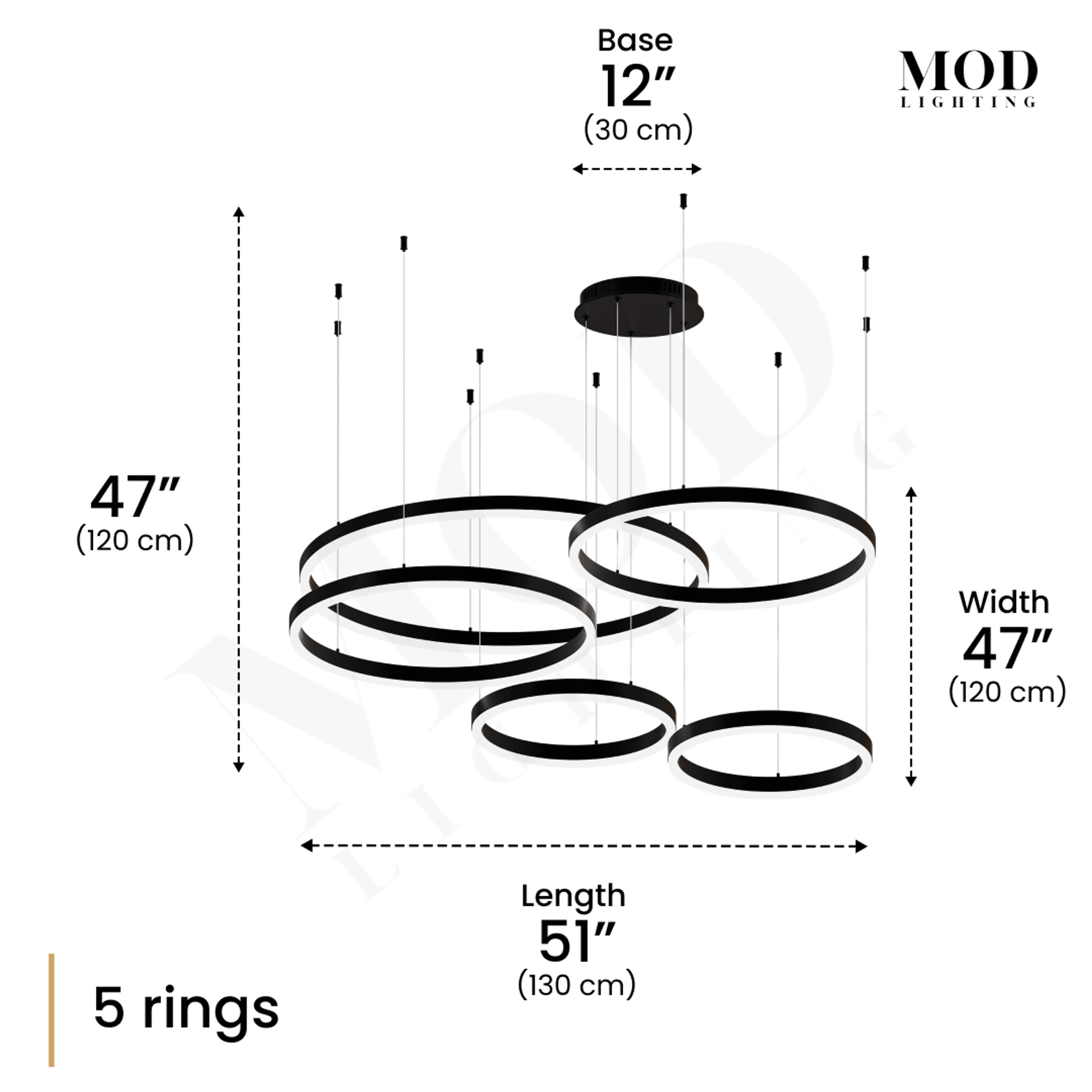 Charlotte black ring chandelier dimension diagram, 5 rings, 47" high, 51" length, 47" width, 12" base