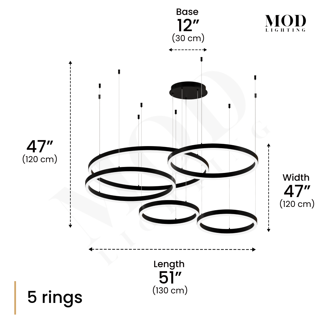 Charlotte black ring chandelier dimension diagram, 5 rings, 47" high, 51" length, 47" width, 12" base