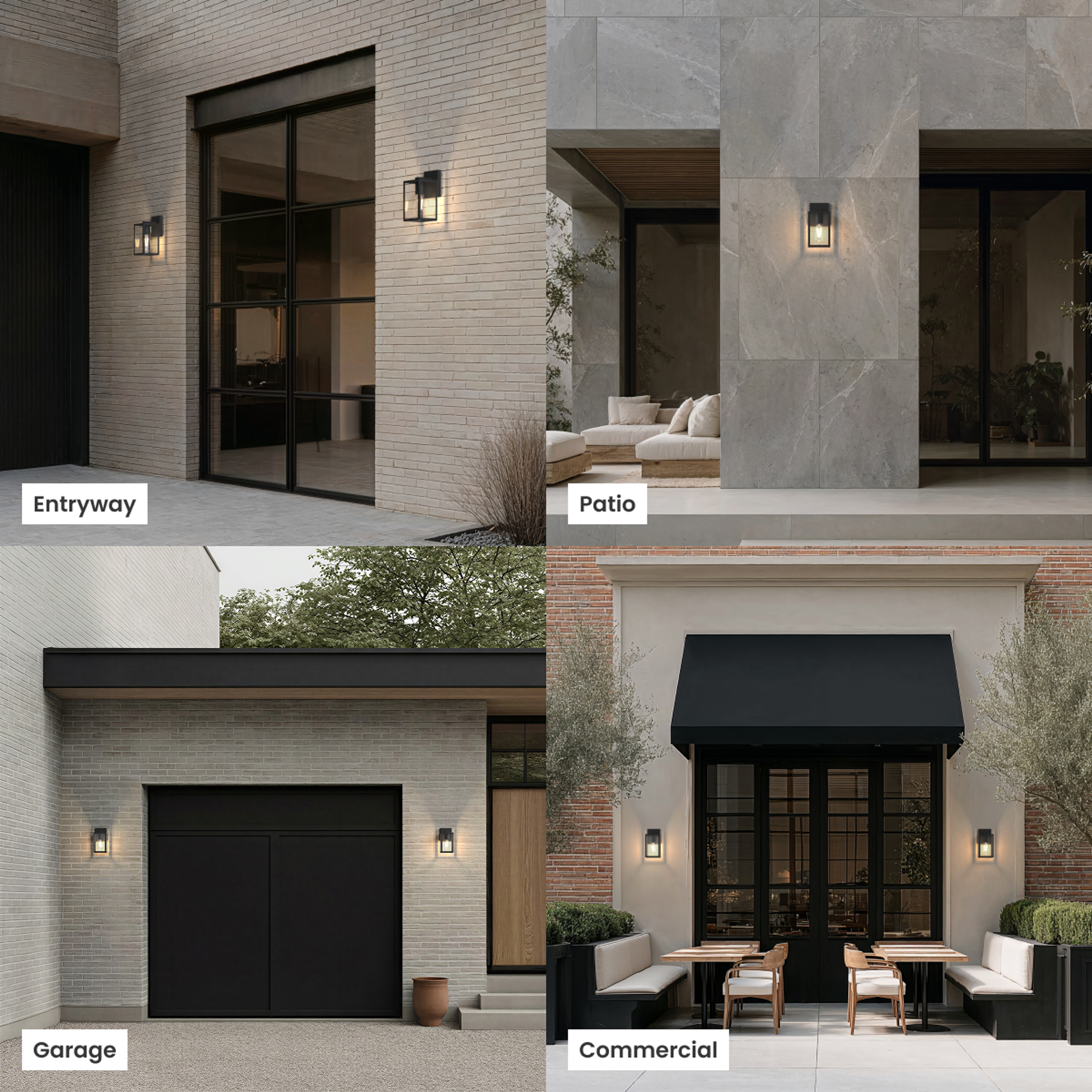 Rae black outdoor sconce, boxy clear-glass lantern, on entryway, patio, garage and commercial walls