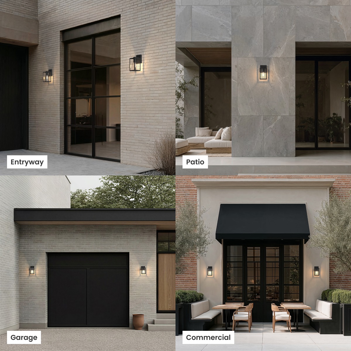 Rae black outdoor sconce, boxy clear-glass lantern, on entryway, patio, garage and commercial walls