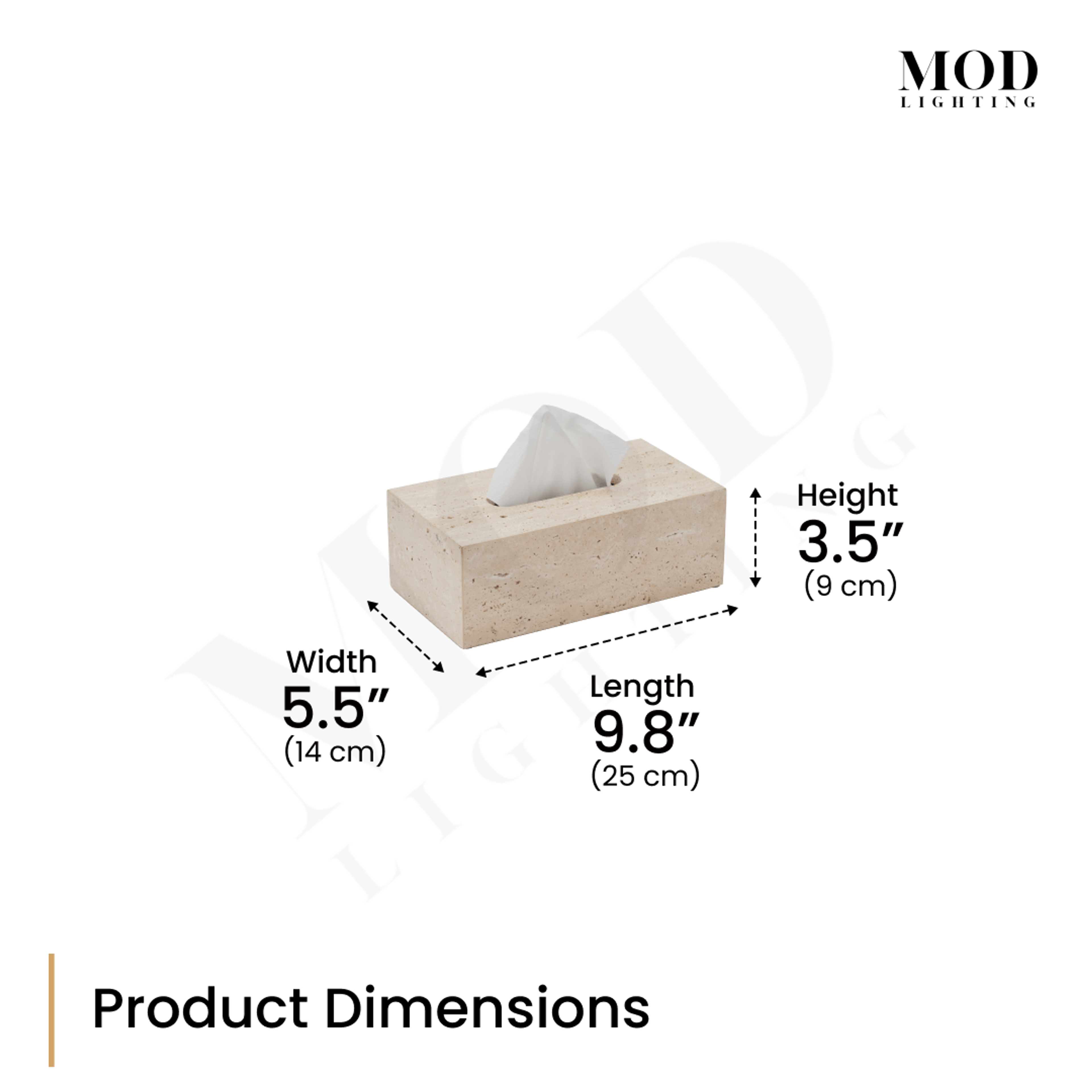 Golden Travertine tissue box, dimension diagram: 3.5 in H, 9.8 in L, 5.5 in W