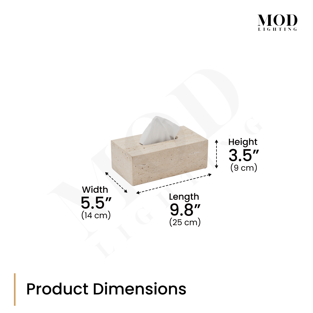 Golden Travertine tissue box, dimension diagram: 3.5 in H, 9.8 in L, 5.5 in W