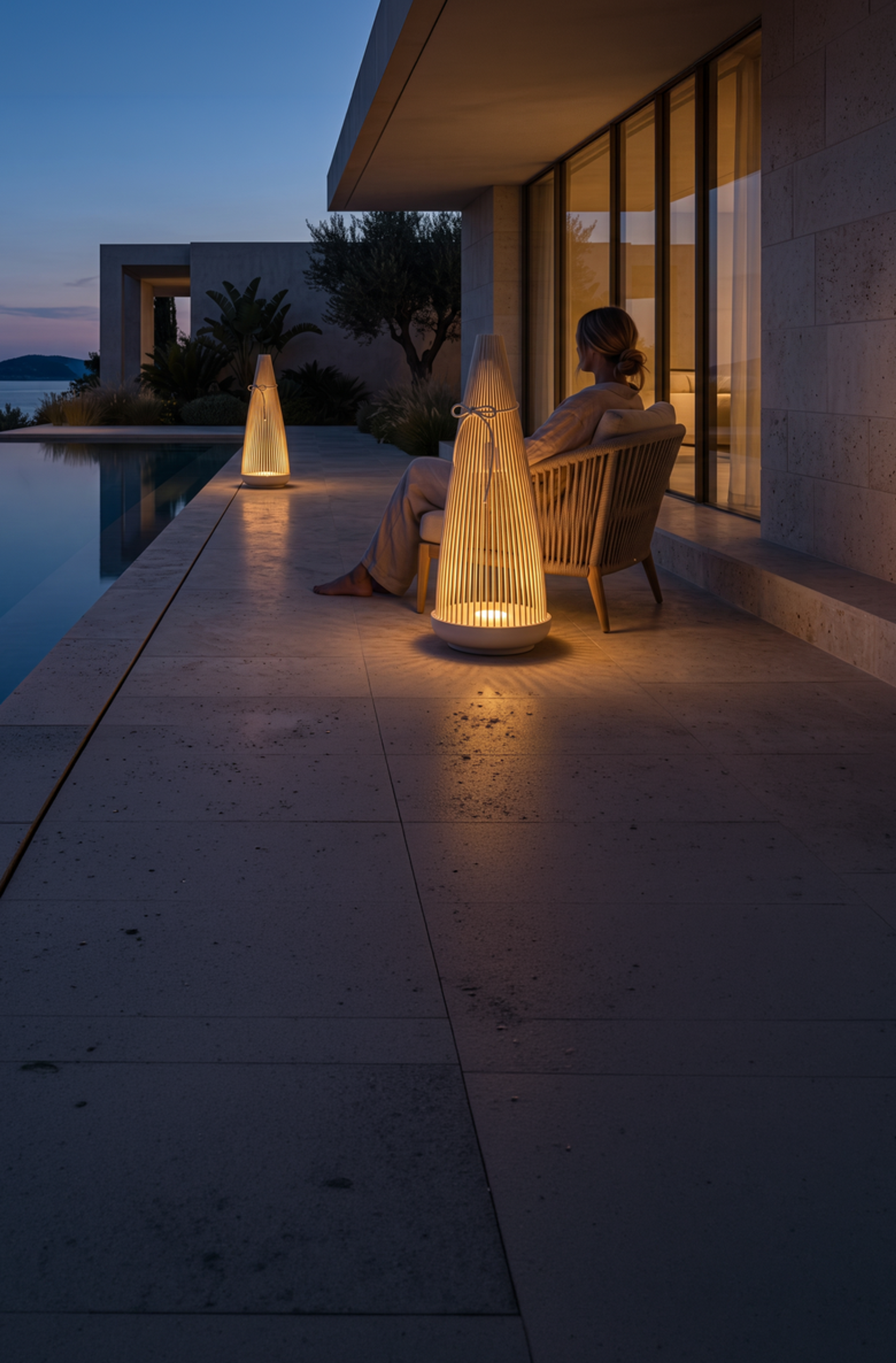 Two woven outdoor lanterns lit at dusk beside a pool