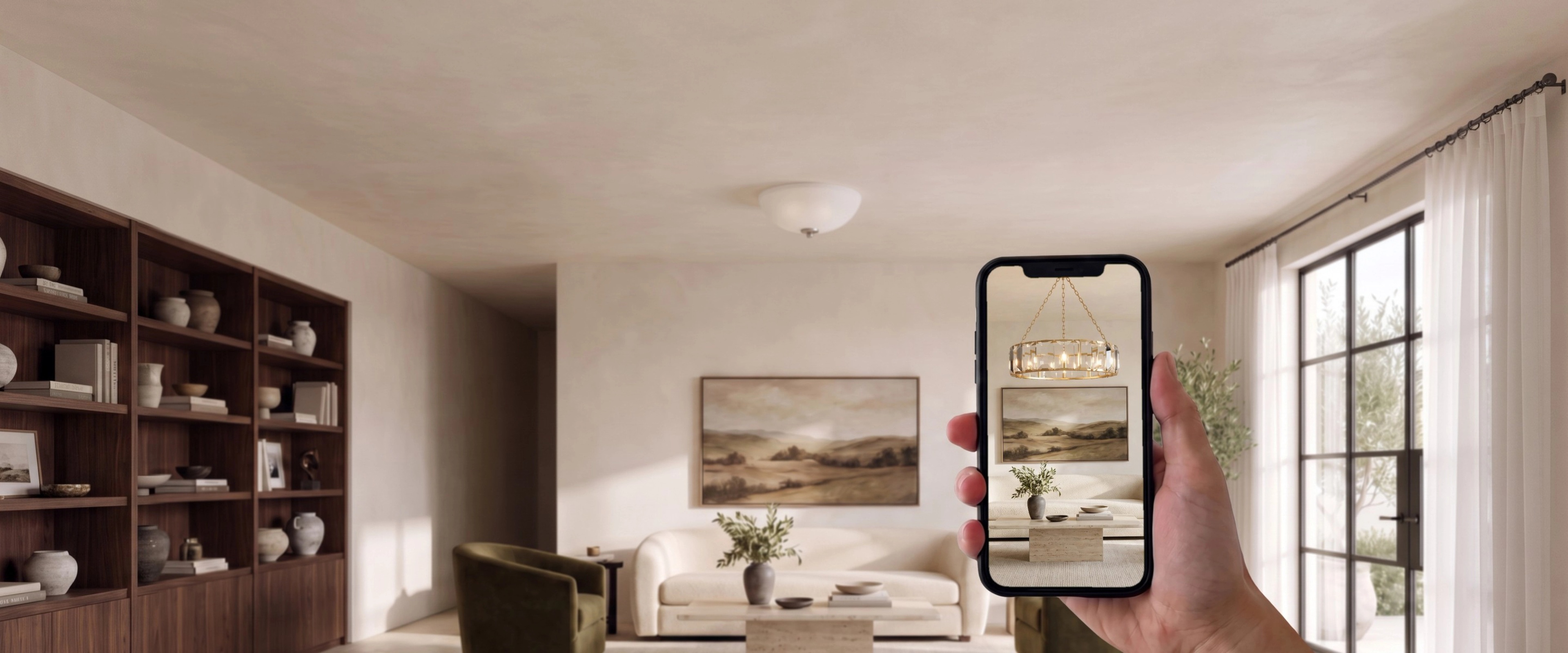 Phone held up in a cream living room previewing a MOD LIGHTING Solara chandelier over the coffee table with the MOD LIGHTING Visualizer