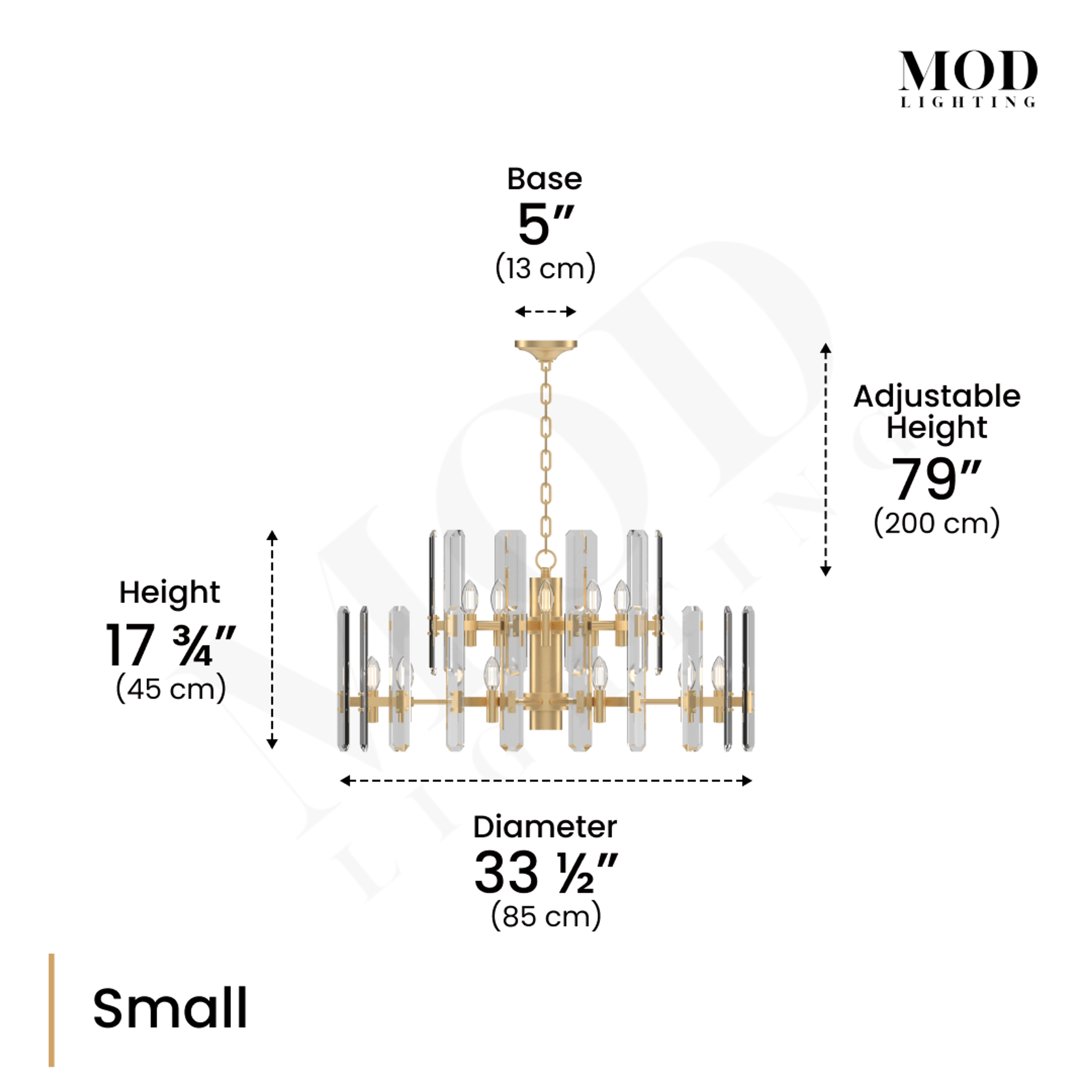 Prism brass crystal chandelier dimension diagram, two-tier drum of vertical crystal bars, Small size specs