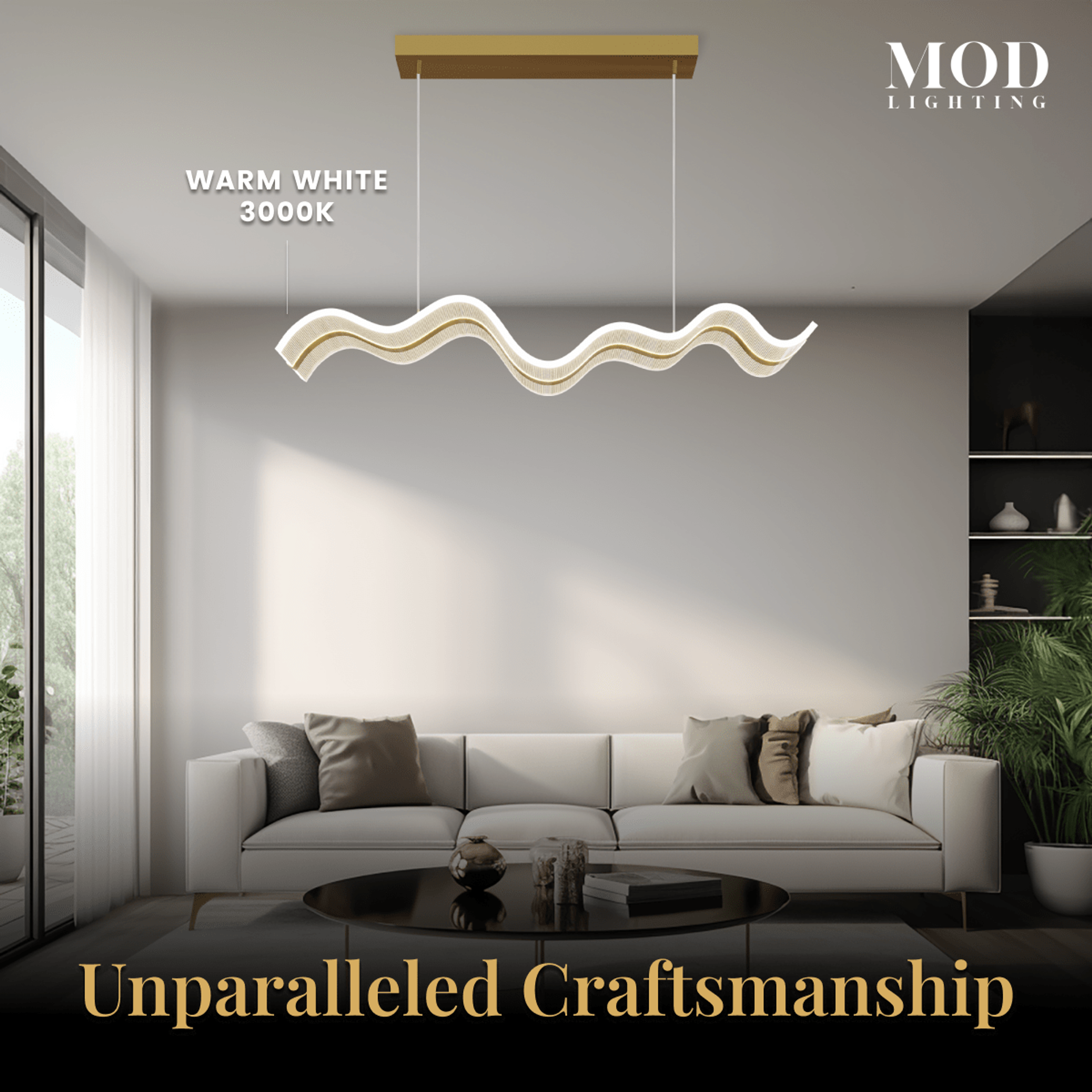 Ribbon gold and frosted wavy LED pendant in warm white 3000K over a sofa in a bright living room