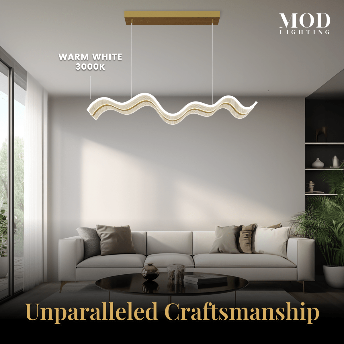 Ribbon gold and frosted wavy LED pendant in warm white 3000K over a sofa in a bright living room