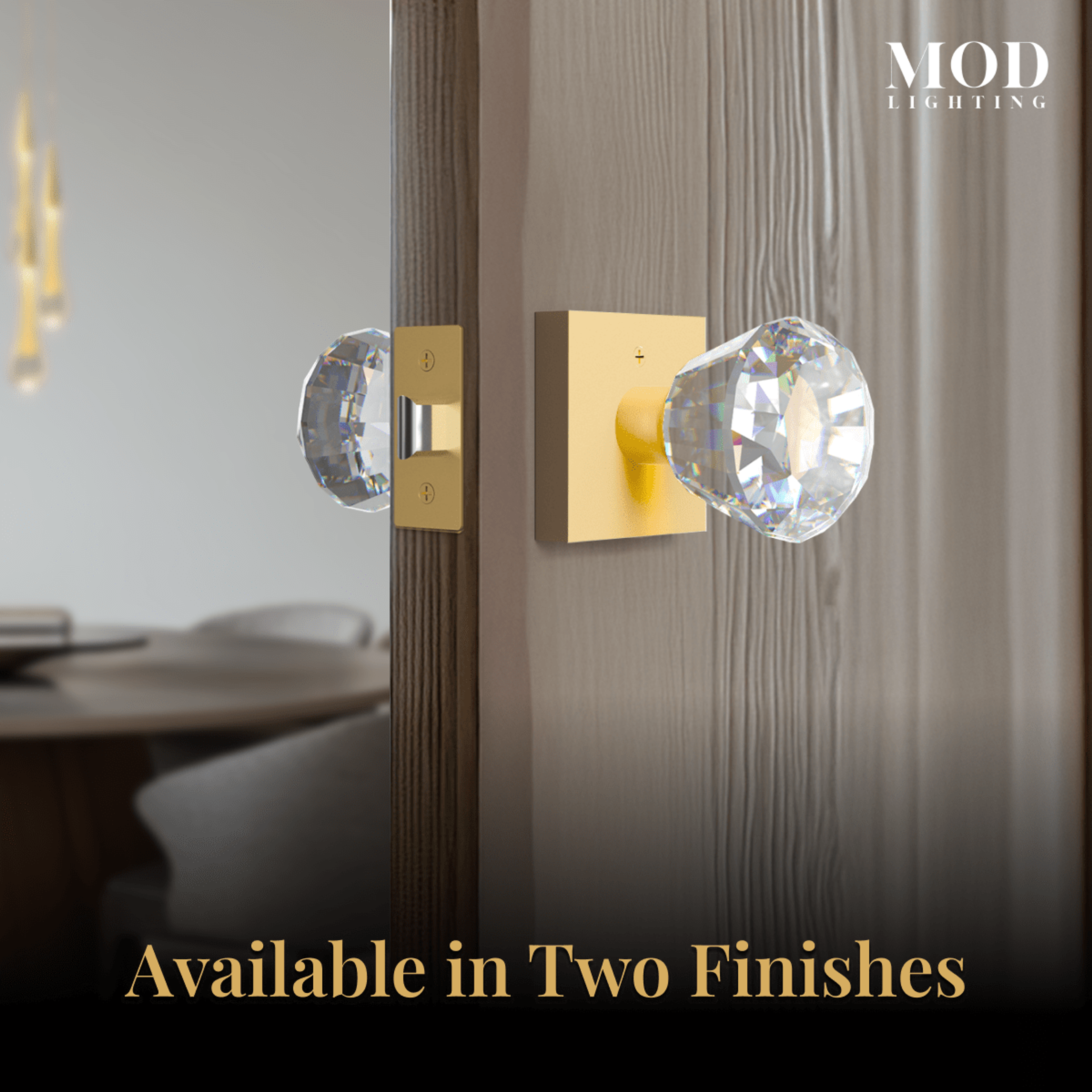 Royale crystal door knobs on brushed-gold square rosettes shown on both sides of a door