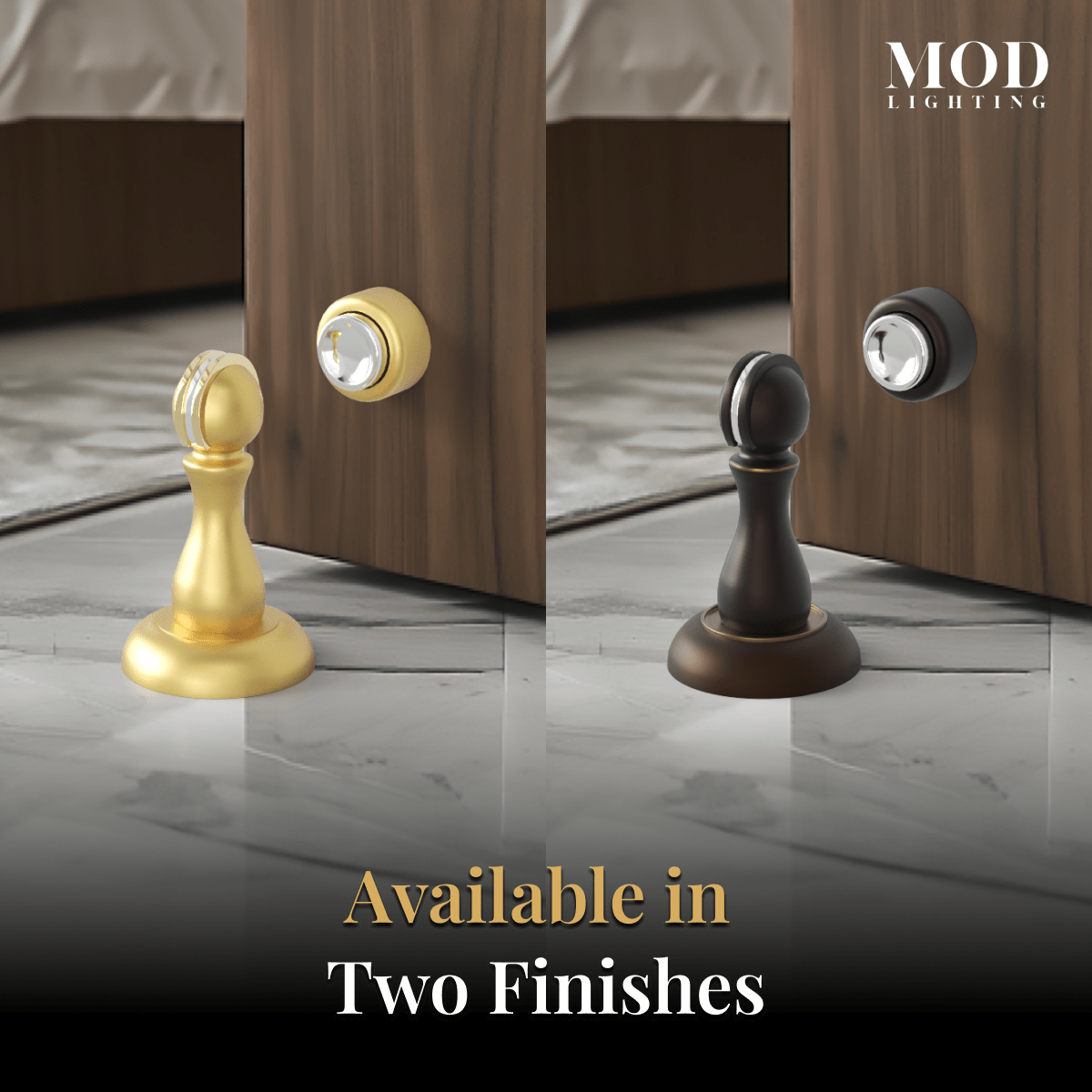 Rivo pawn-shaped magnetic door stop shown in brushed gold and black finishes