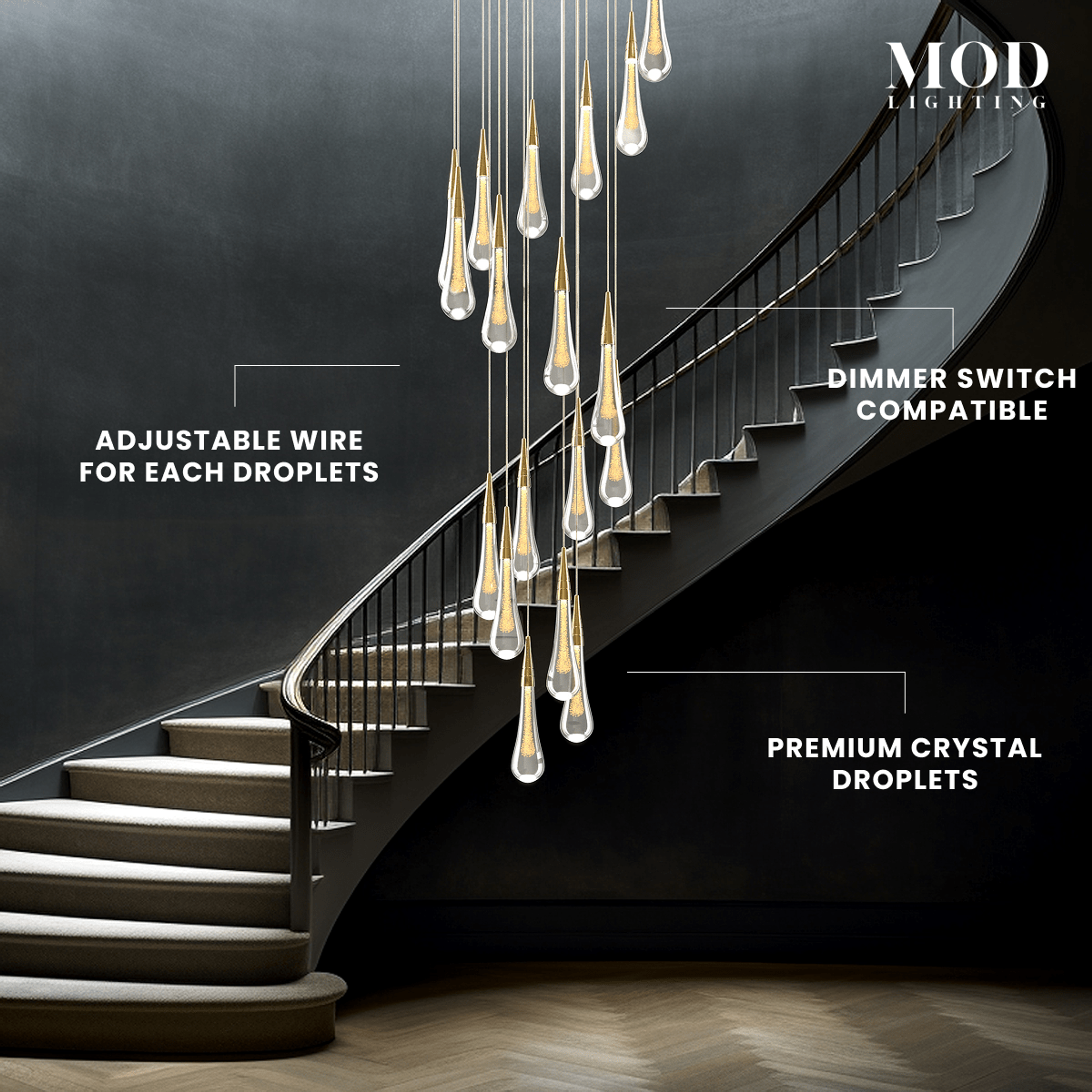 Indra chandelier, gold crystal teardrops cascading beside a curved staircase