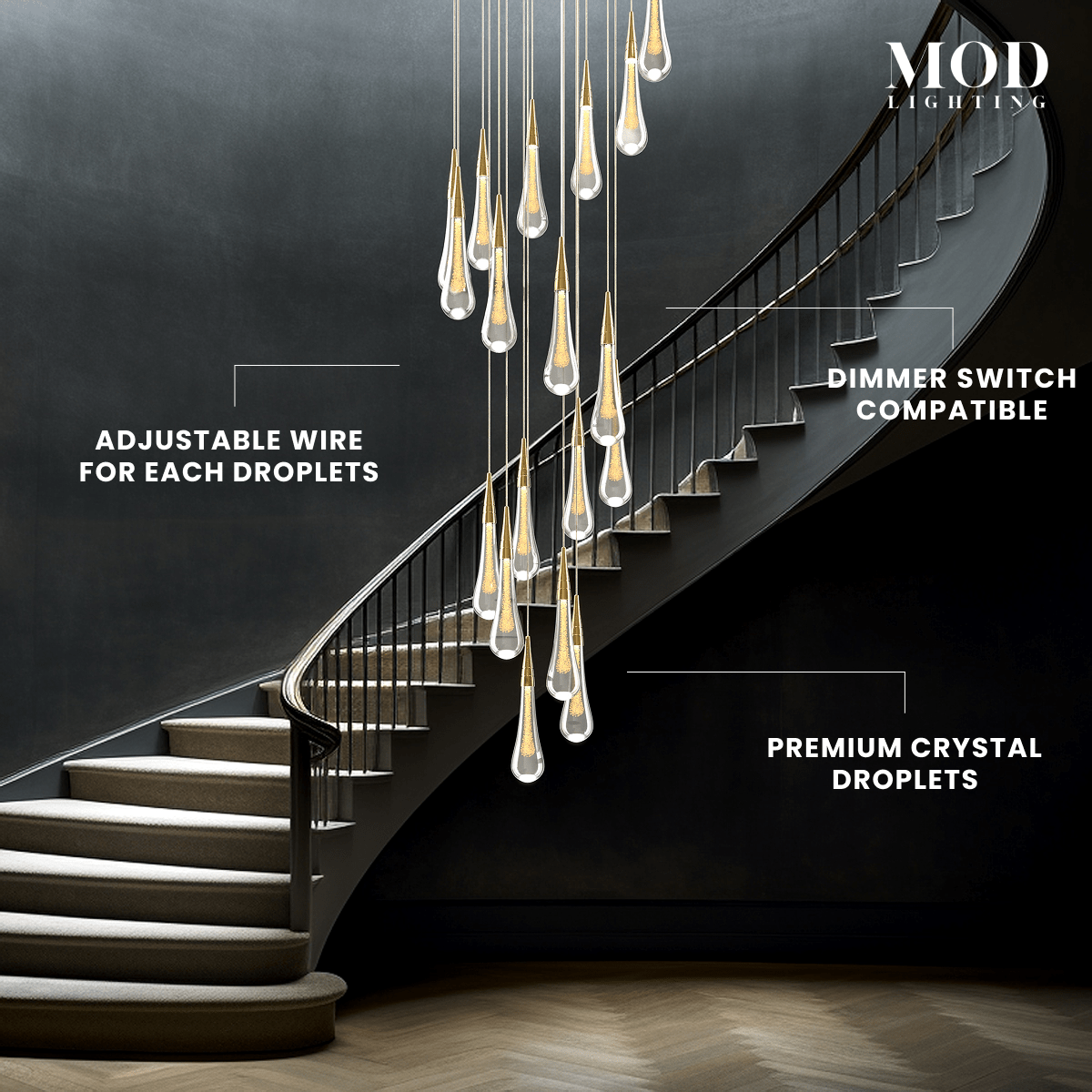 Indra chandelier, gold crystal teardrops cascading beside a curved staircase
