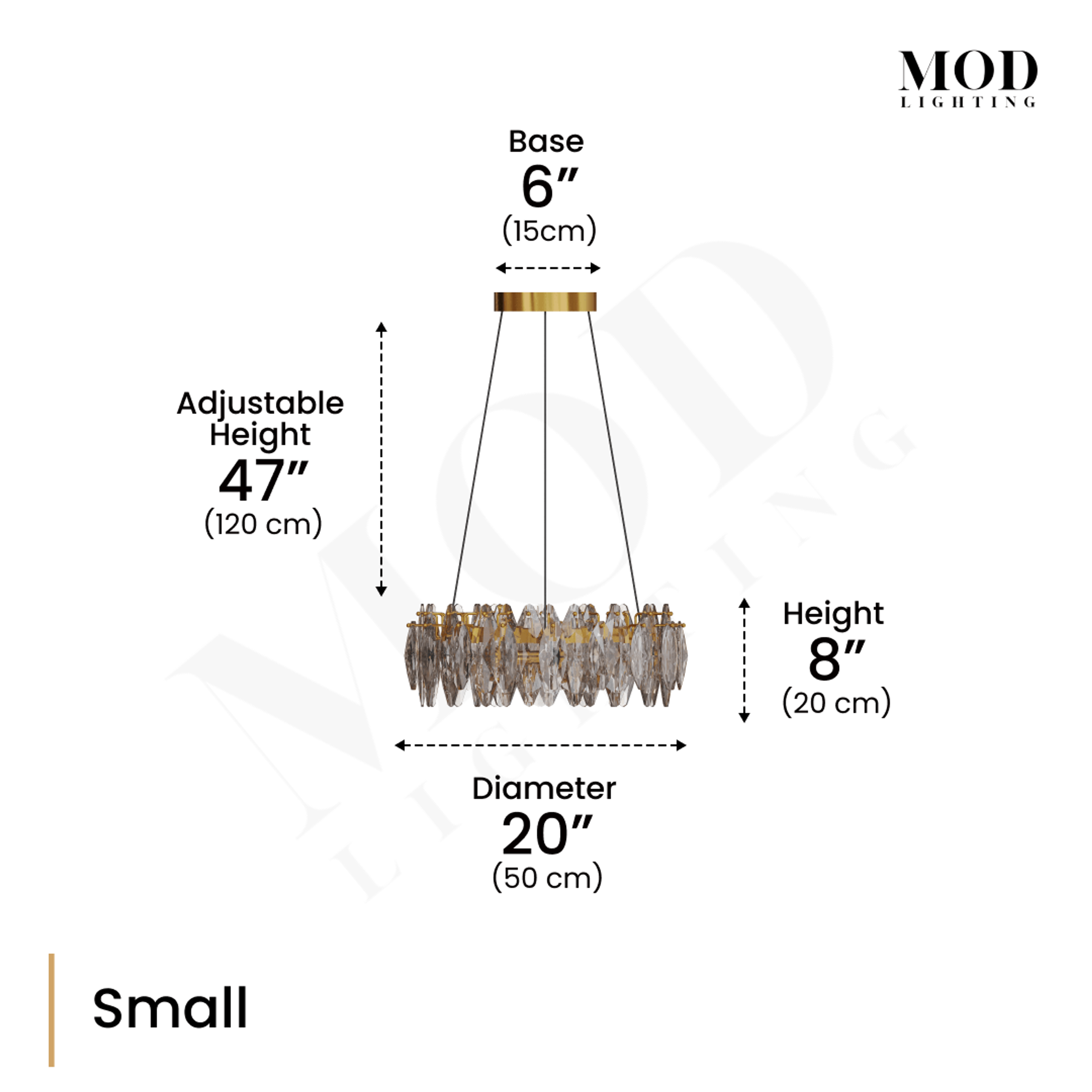 Celestial Small crystal chandelier dimension diagram: 6" base, 20" diameter, 8" tall, 47" drop