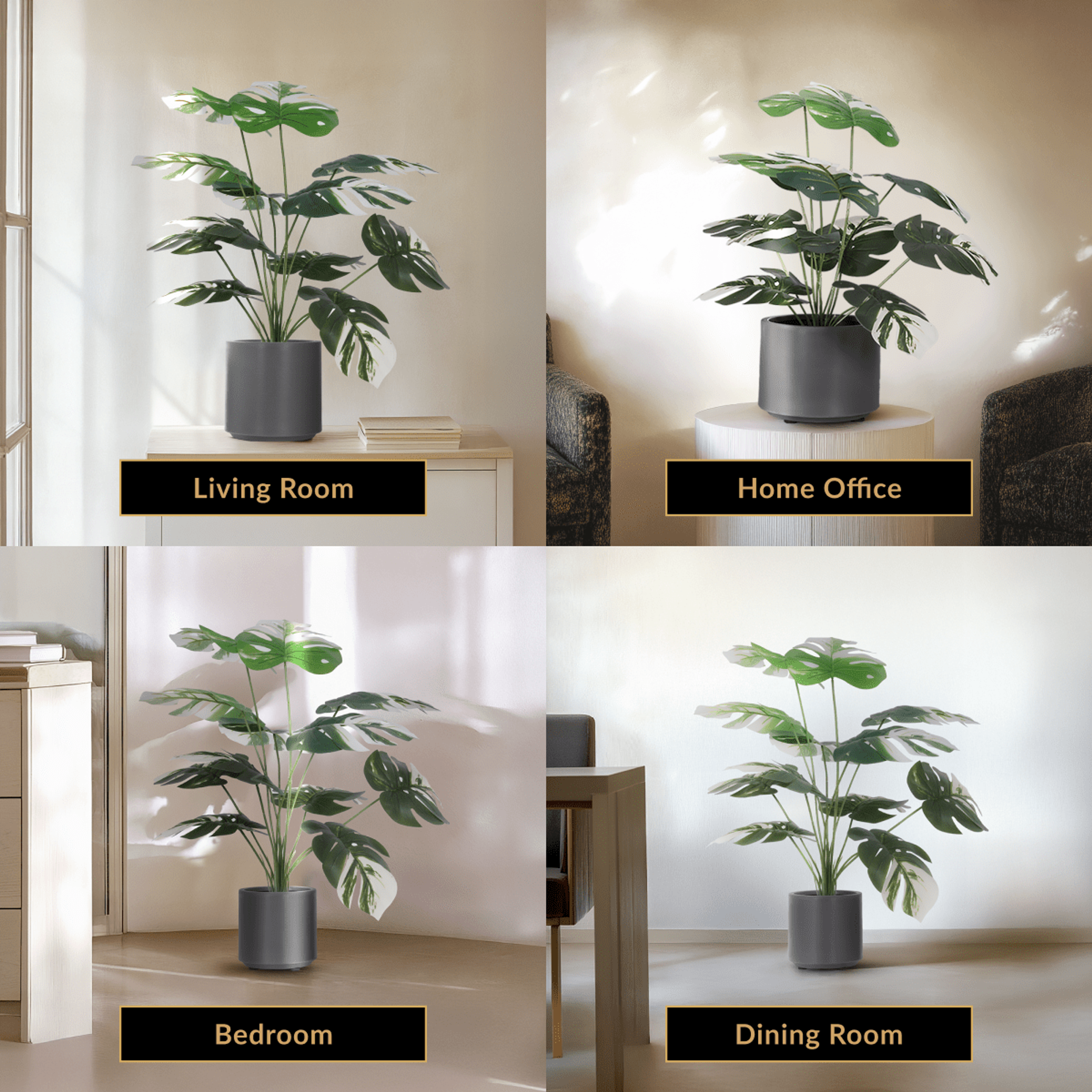 Monstera Albo artificial plant staged in four rooms: living room, home office, bedroom and dining room