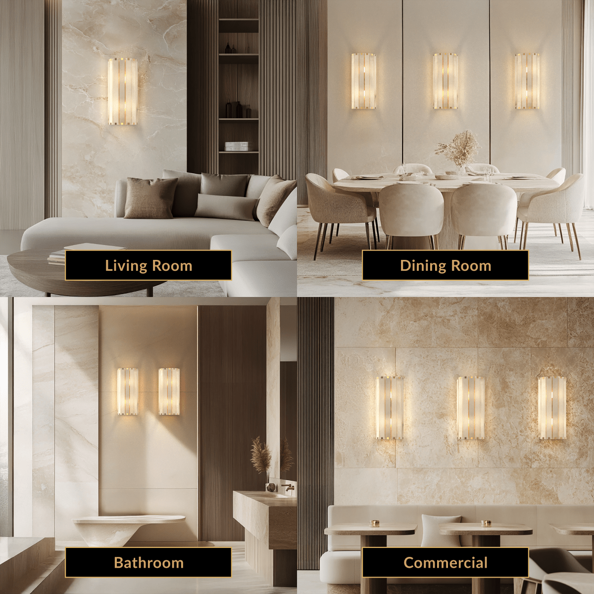 Nala natural alabaster wall sconce with vertical grooves, shown in living, dining, bathroom and commercial settings
