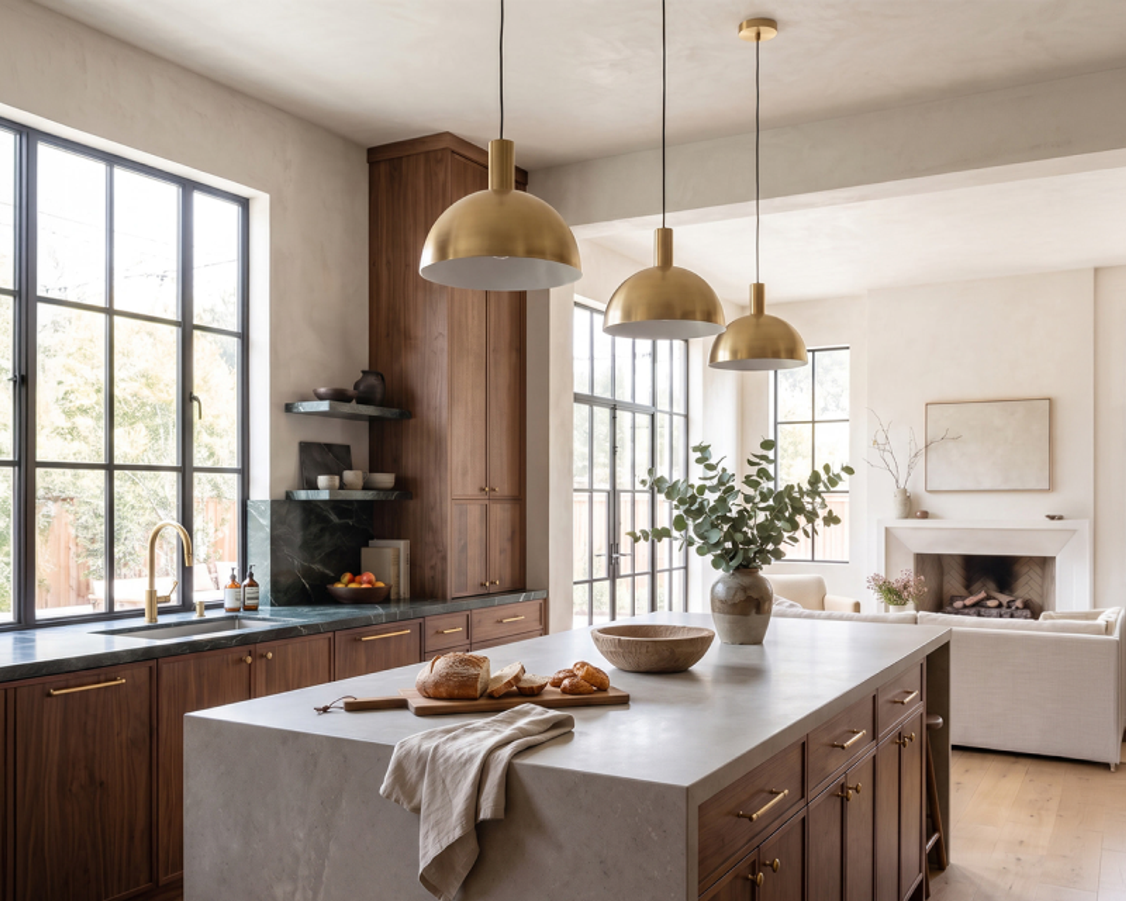 Three Jewels & Pearls pendants over a kitchen island