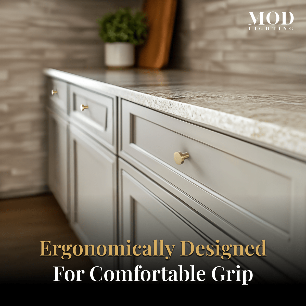 Balmuto brushed-gold cabinet knobs on cream cabinet doors in a styled dining room, with a five-star review card