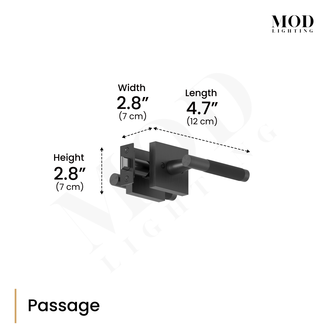 Modern Door Handle passage set dimension diagram in black, lever 4.7 in long, rose 2.8 in