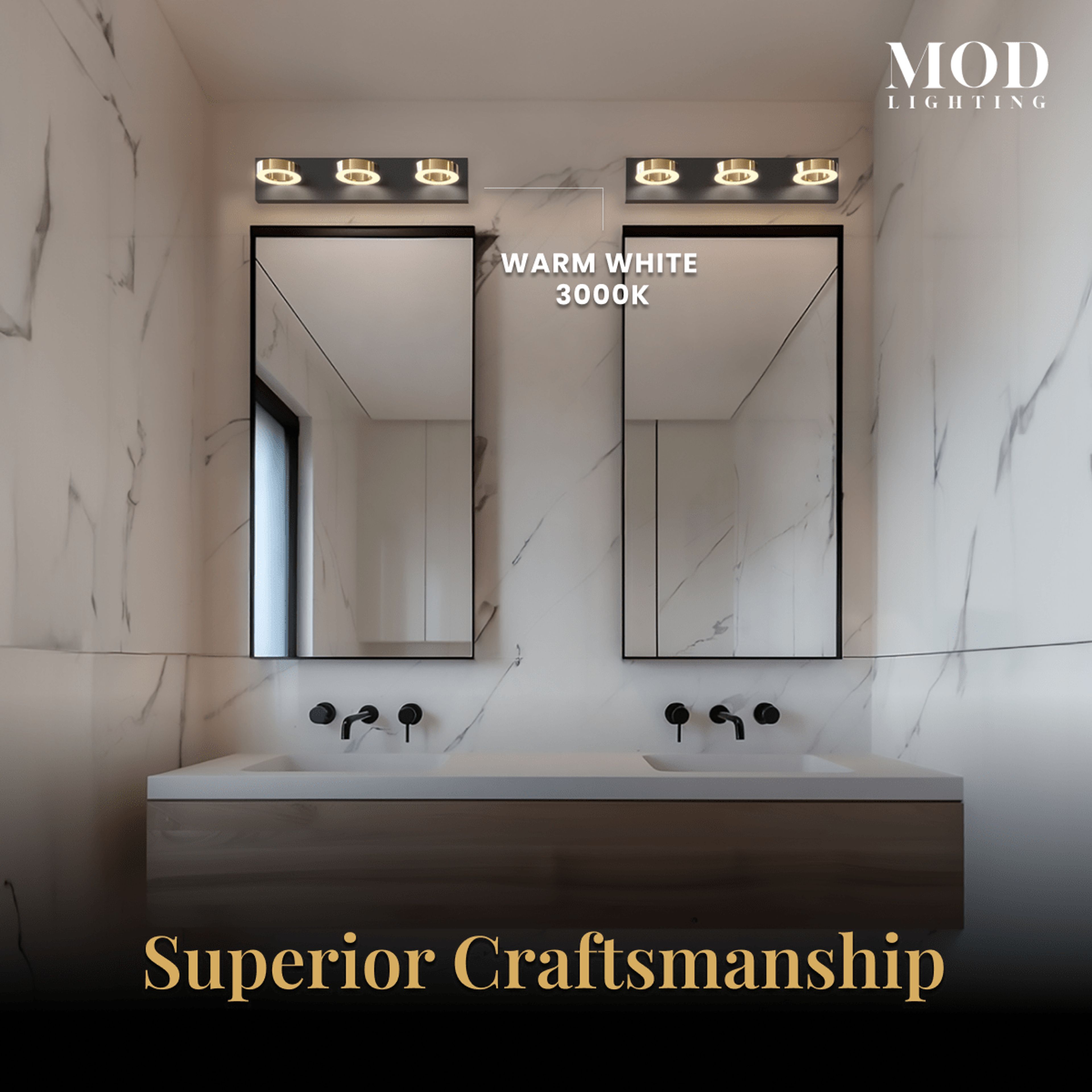 Aurora black three-light bathroom fixtures with gold rings over twin mirrors in a marble bathroom, warm white 3000K