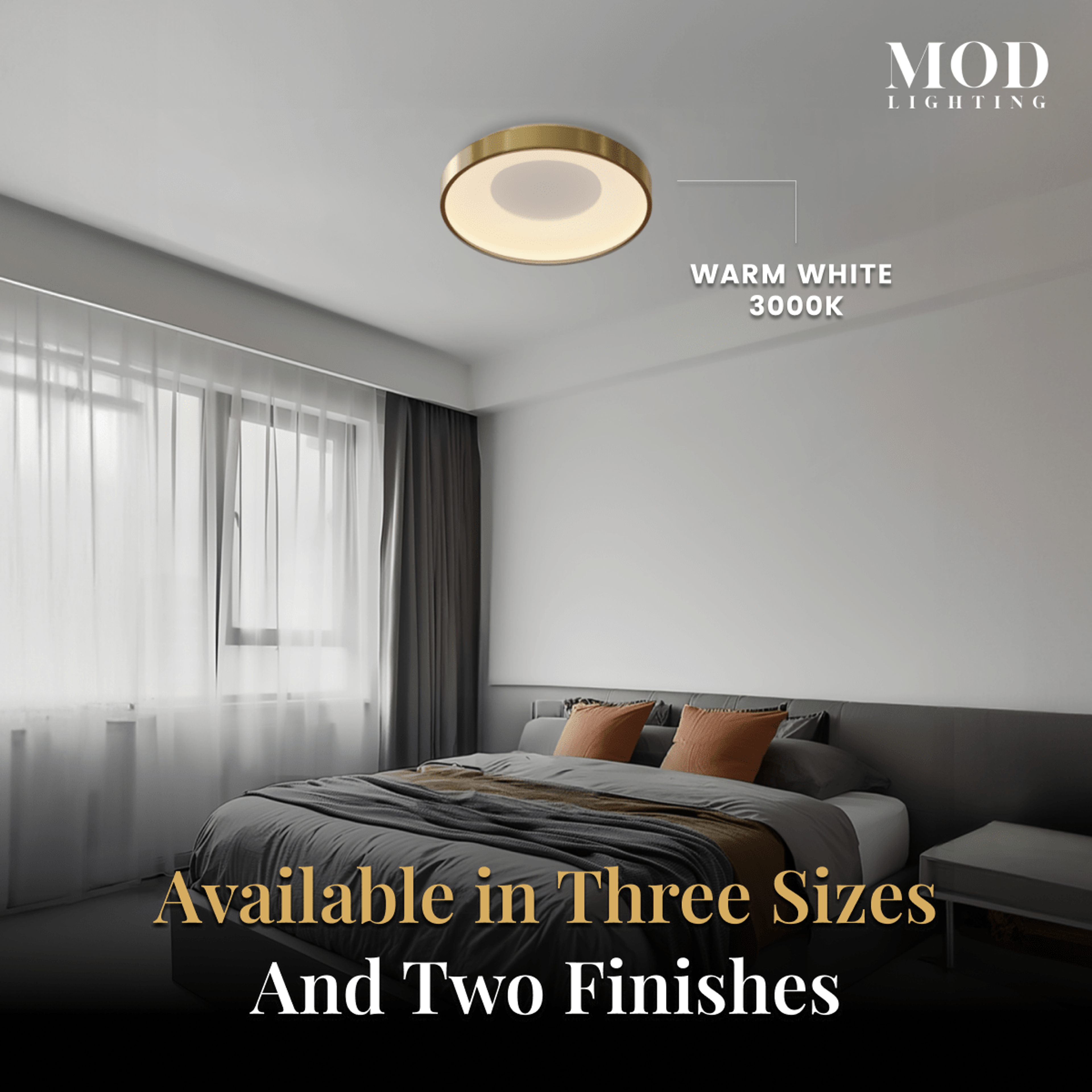 Bryce brushed-gold round LED flush-mount ceiling light glowing warm white above a bedroom, noting three sizes, two finishes