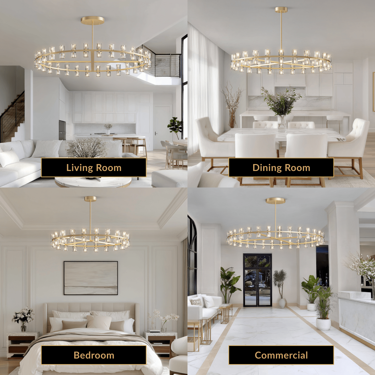 Sunrise brushed-gold ring chandelier with cube-cut crystal shades, in living room, dining, bedroom and commercial spaces