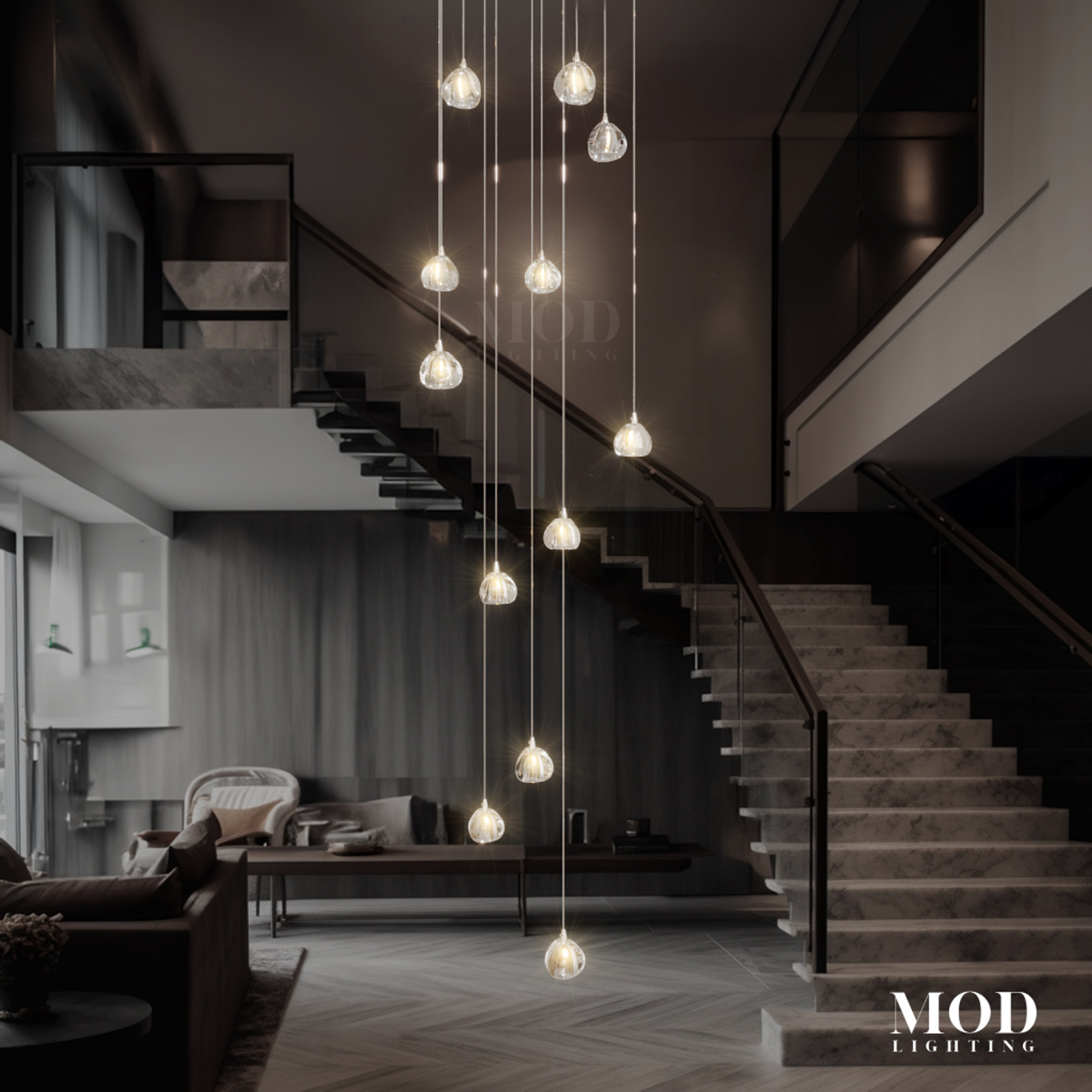 Sage, long spiral cascade of clear crystal orb pendants over a staircase in a dark interior