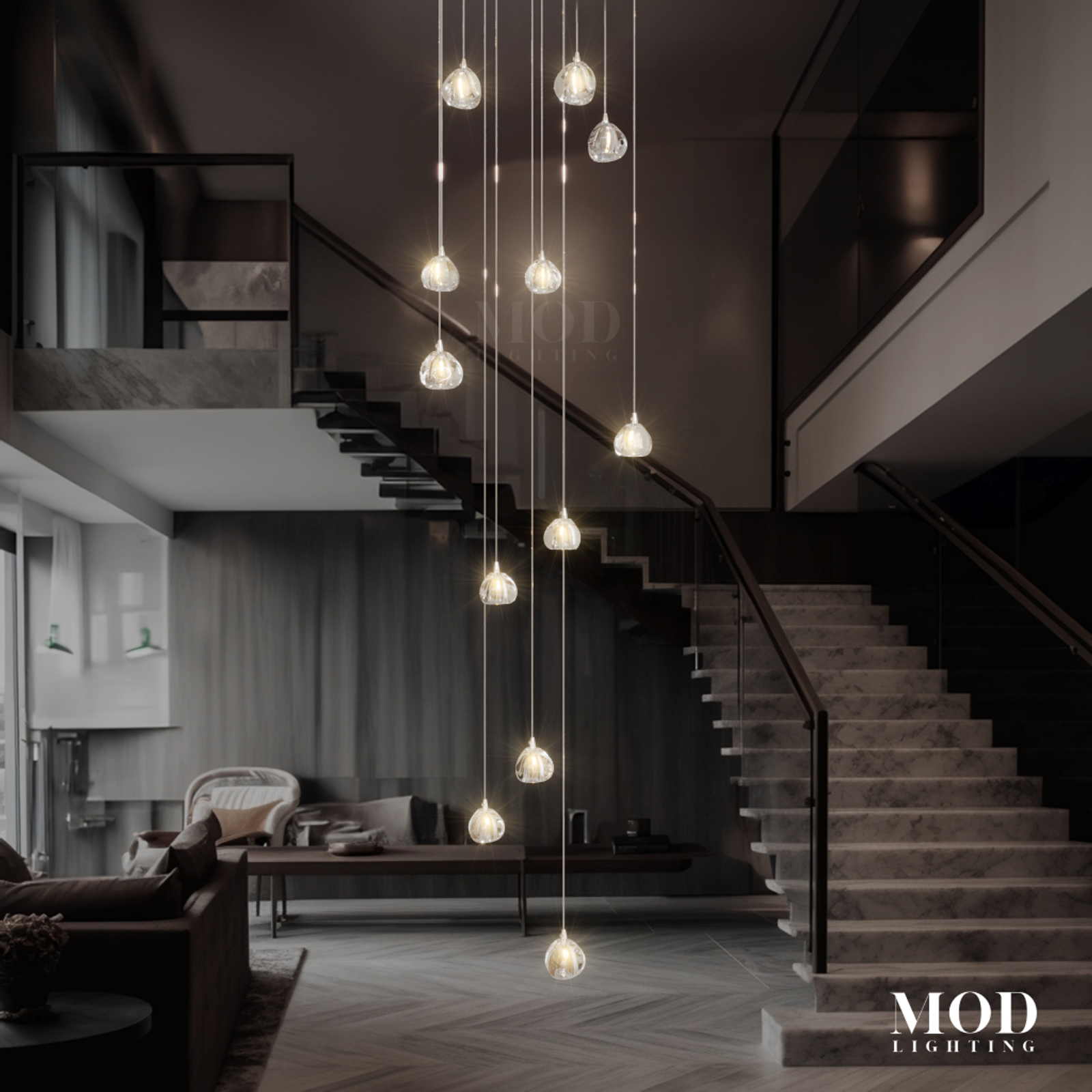 Sage, long spiral cascade of clear crystal orb pendants over a staircase in a dark interior