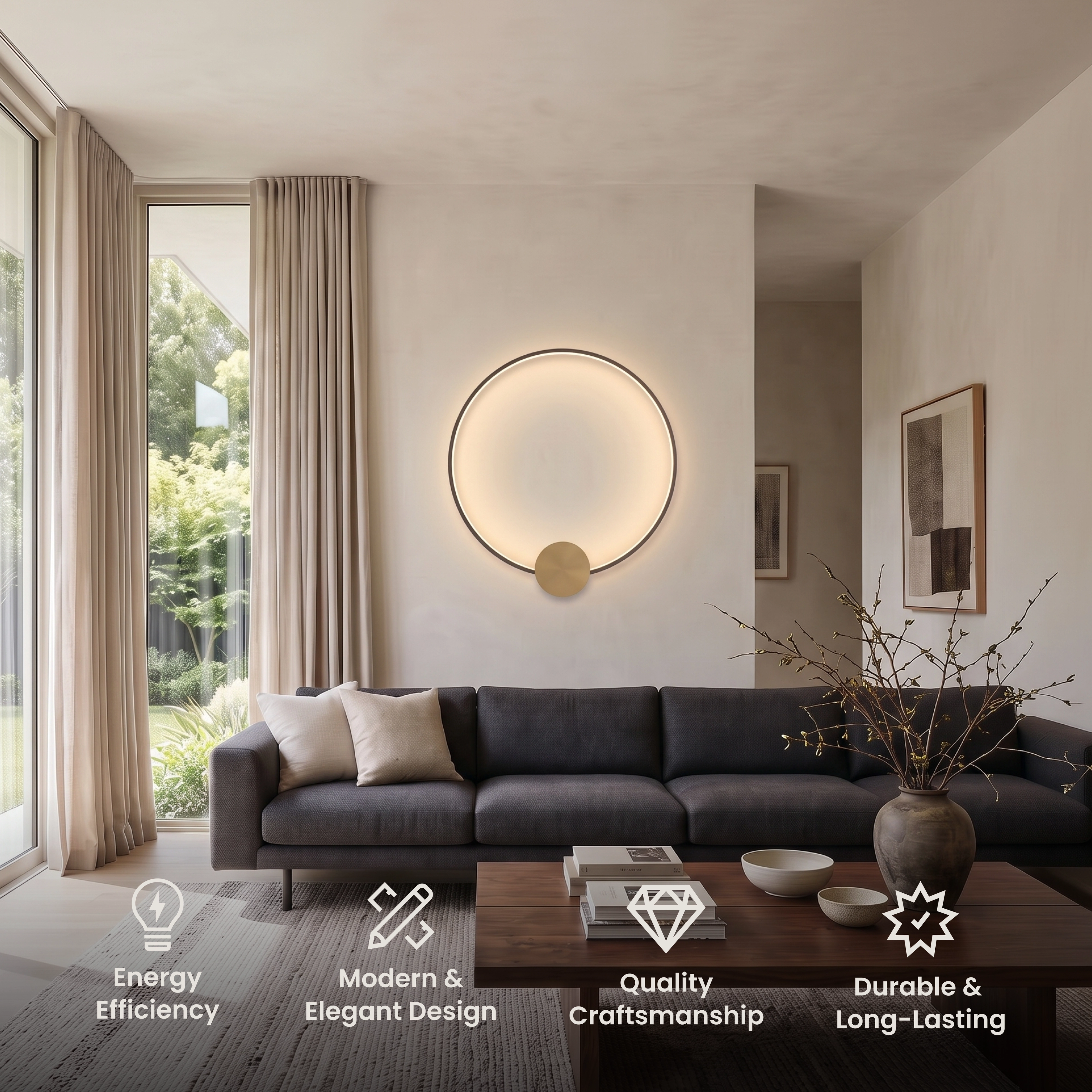 Halo black round disc wall lamp with a small gold accent, glowing sun-like rim, above a bed