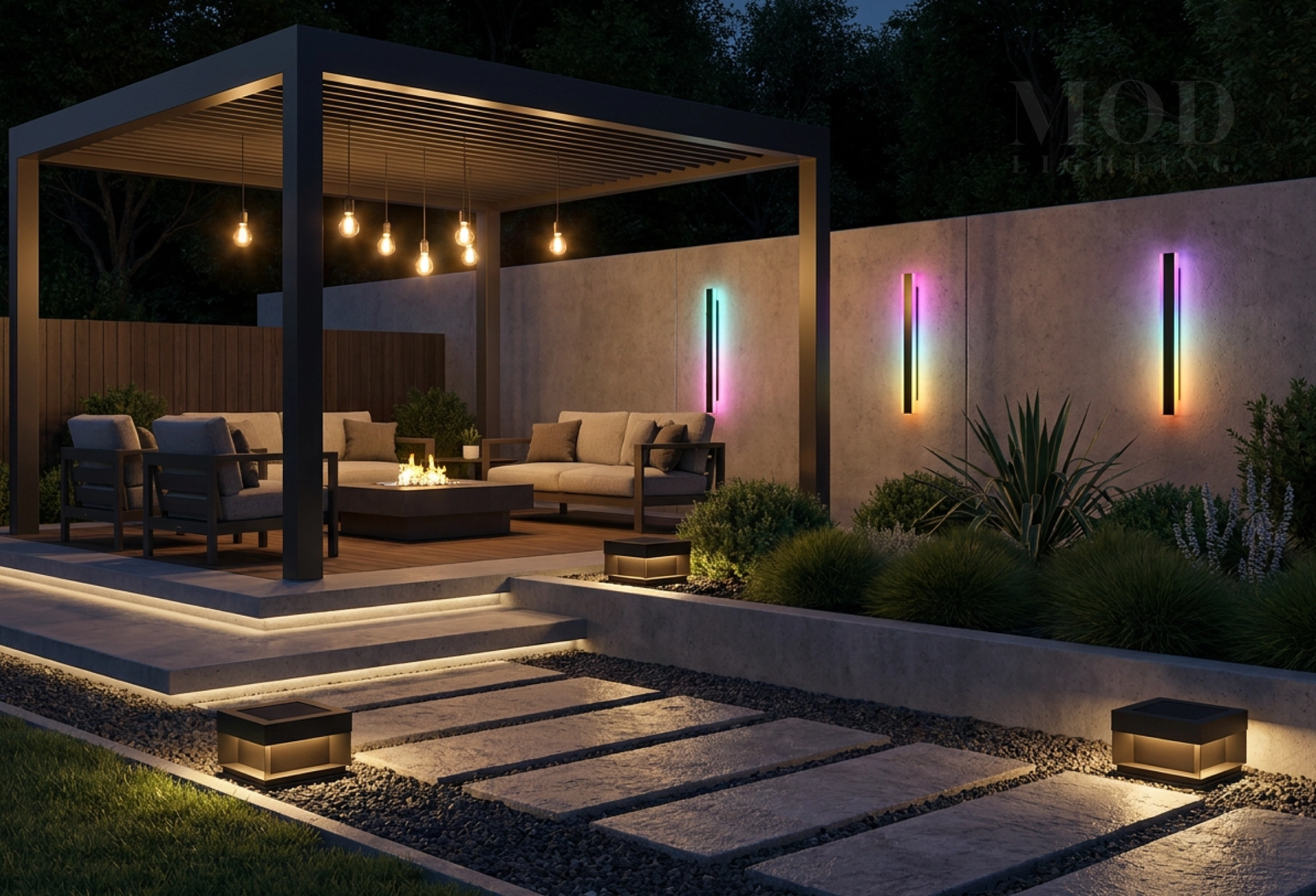 Layered outdoor lighting at 3 heights in a modern backyard at night