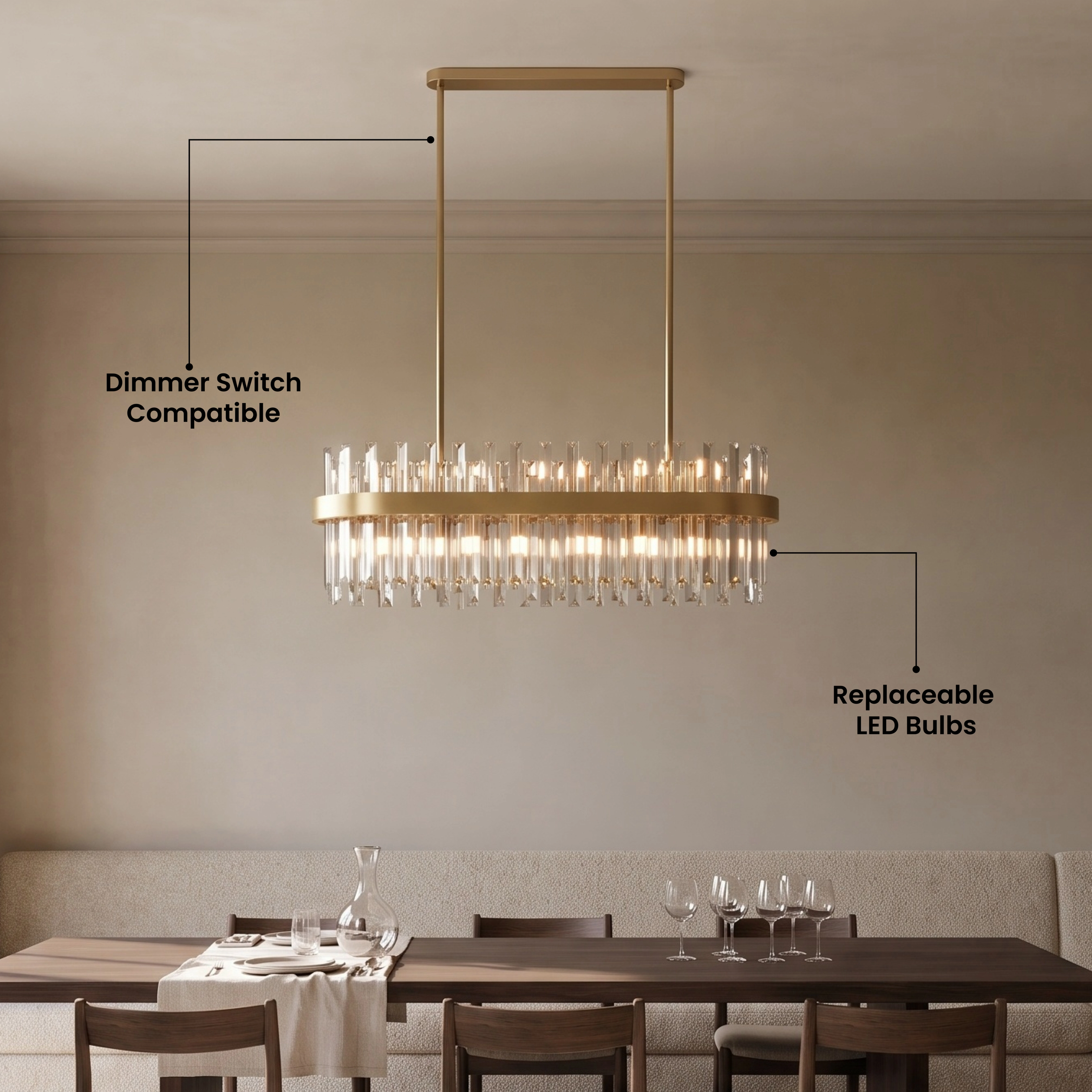 Topaz gold linear crystal bar pendant over a dining table, with a five-star customer review