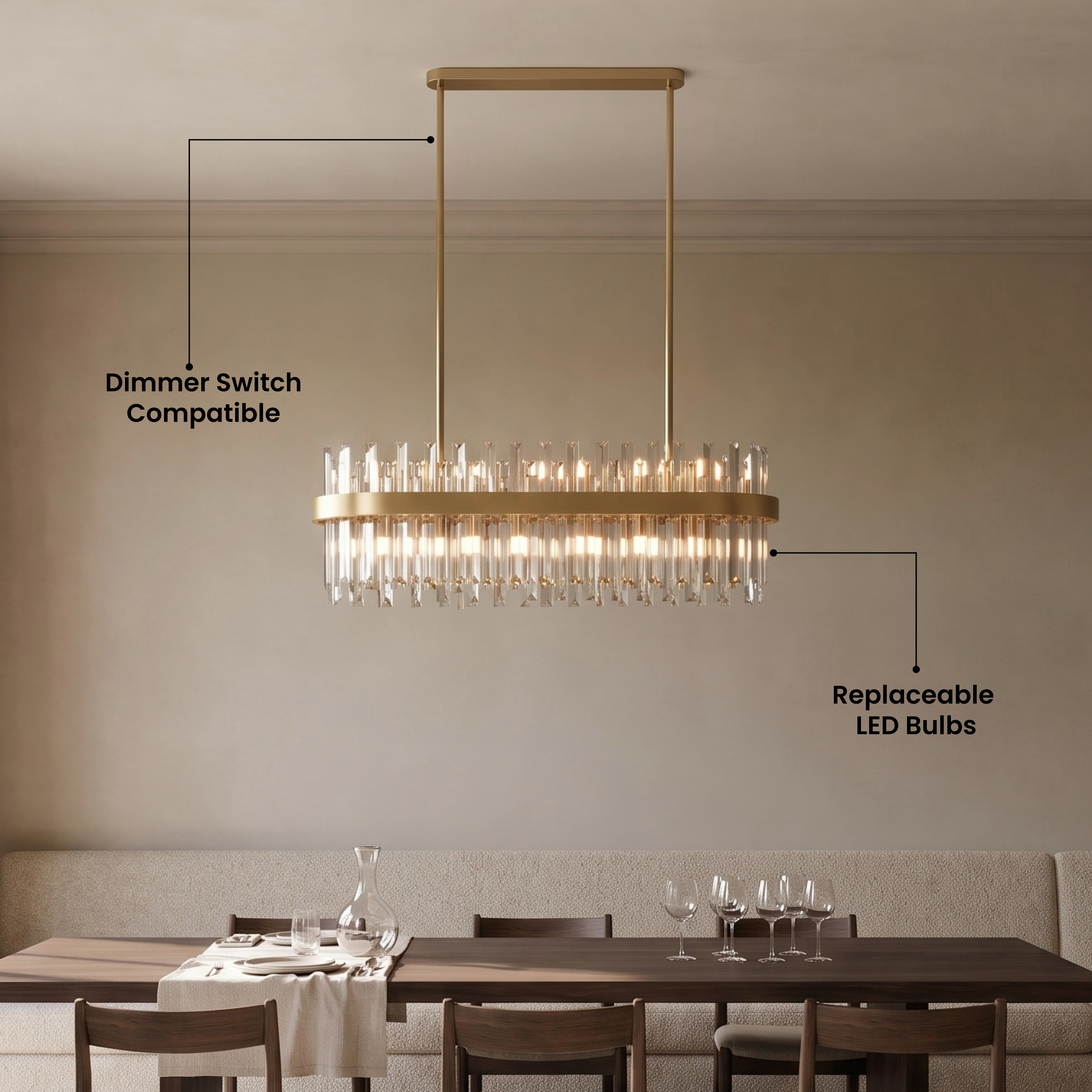 Topaz gold linear crystal bar pendant over a dining table, with a five-star customer review