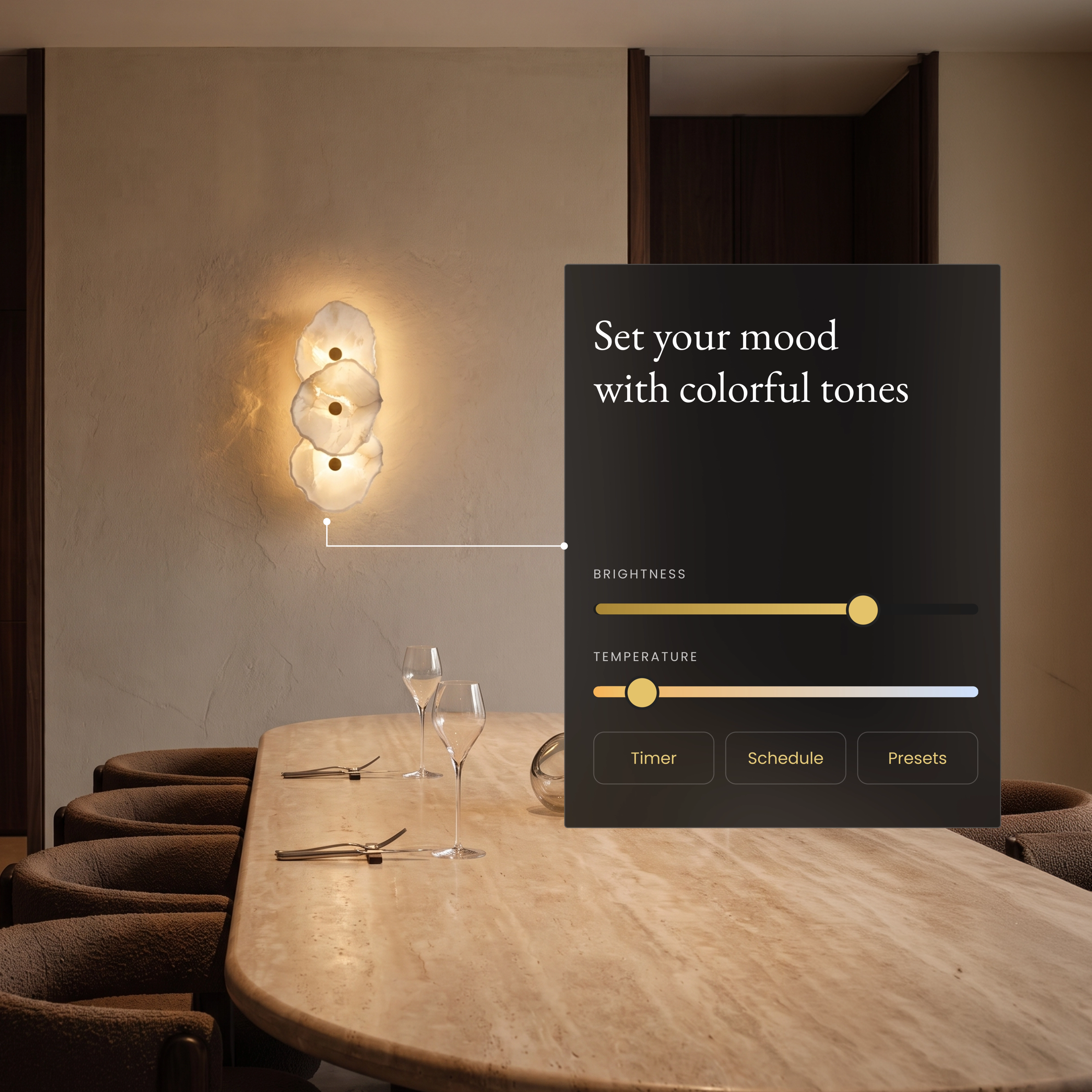 Alba Sconce Smart alabaster wall sconce in a dining room beside an app panel for brightness and color temperature
