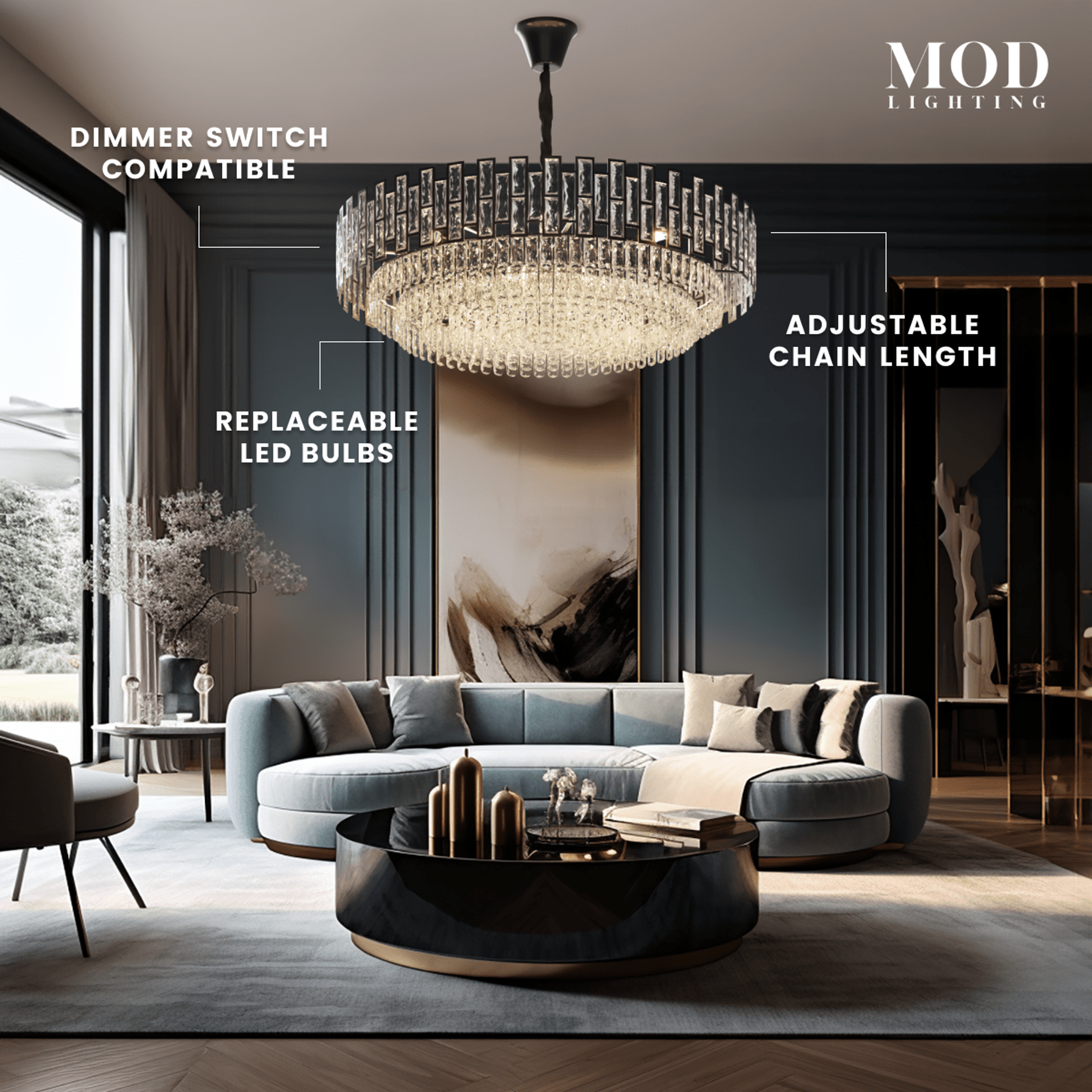 Raven black crystal chandelier over a curved sofa, callouts: dimmer, replaceable LED bulbs, adjustable chain
